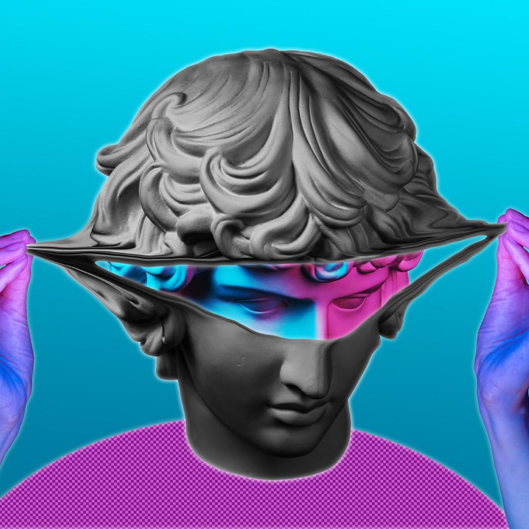 Surreal digital artwork featuring a classical-style bust with its face lifted to reveal neon colors inside, against a turquoise background. Two blue-tinged hands pull the face open from the sides. The bust wears a pink, patterned garment.