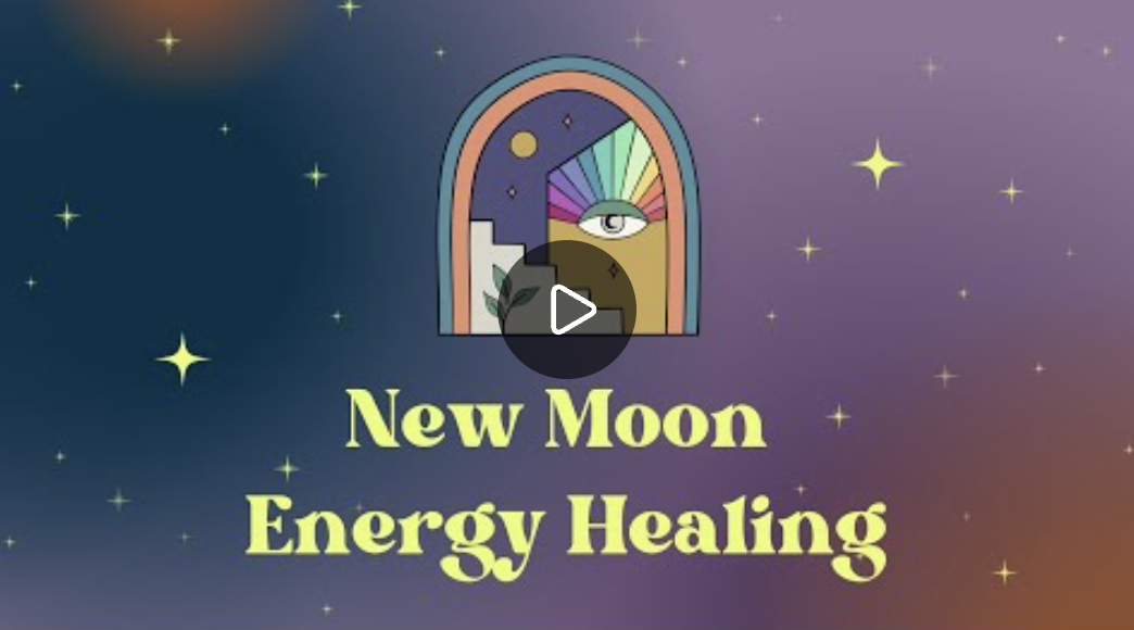 Illustration of a rainbow with an eye and moon inside a window, starry night sky background, with text 'New Moon Energy Healing'.