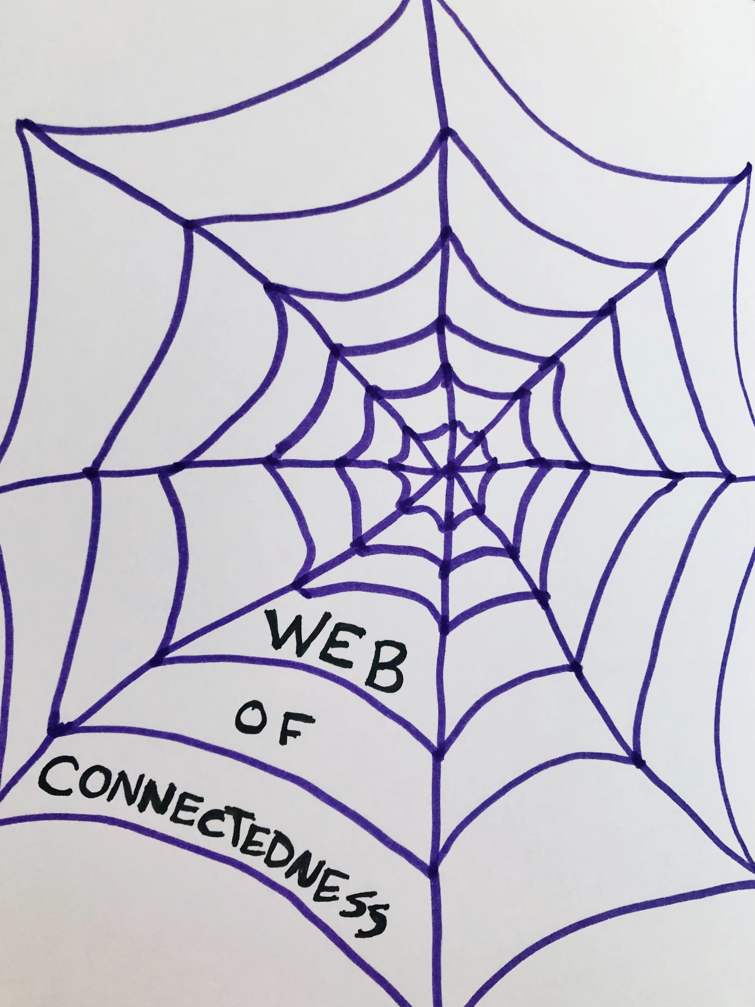 Hand-drawn purple spider web with the words 'WEB OF CONNECTEDNESS' written on a white background.