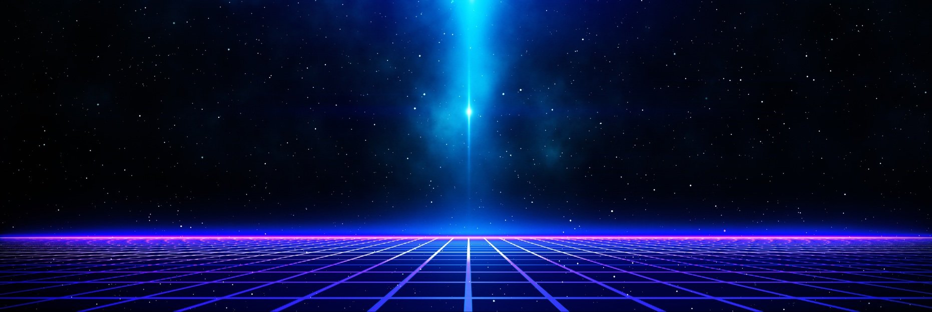 Retro futuristic grid landscape with starry sky and bright light beam