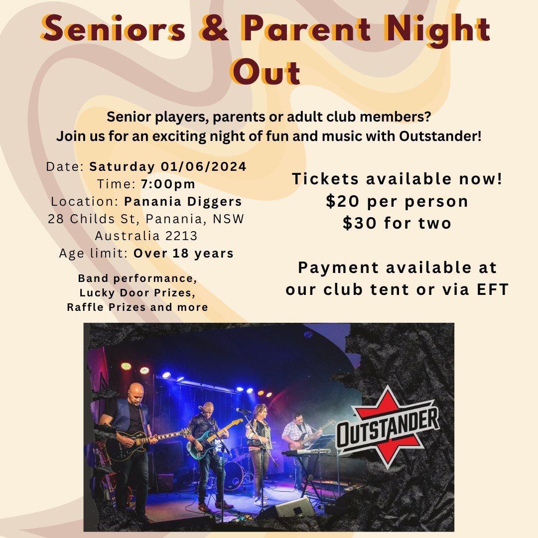 4 WEEKS TO GO!

Lucky door prizes, Raffle prizes, music with Outstander and a night out the the Netty Crew! 

Tickets available now! $20 per person | $30 for two

Payment available via EFT or at our club tent on game day!

To secure your tickets cont