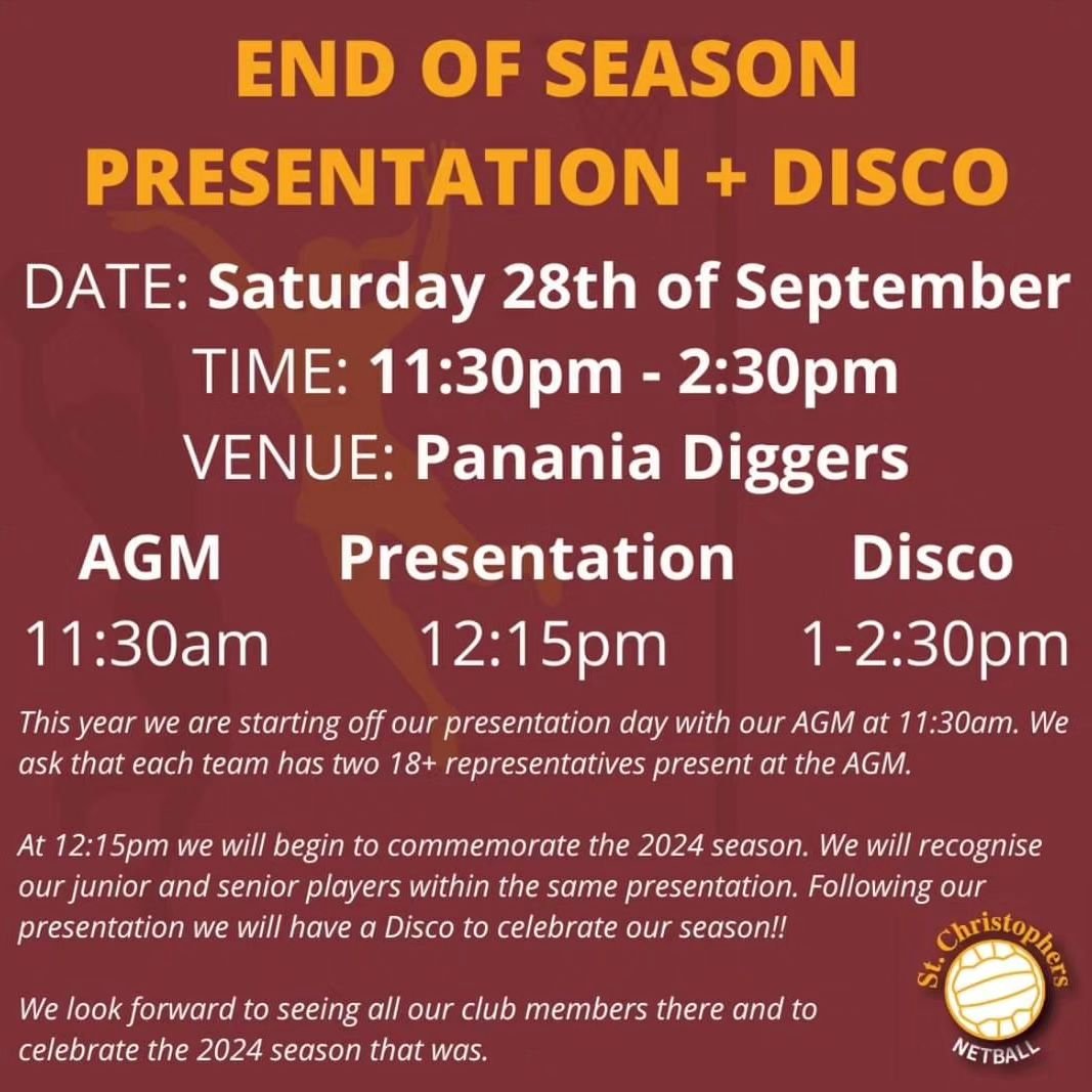 Our End of Season Presentation for 2024 is just around the corner!

📆 Saturday, 28th of September 
🕑 11:30am 
📍@pananiadiggers

Kicking it off with our Club AGM @ 11:30am  followed by our Presentation celebrating our amazing teams and rounding the