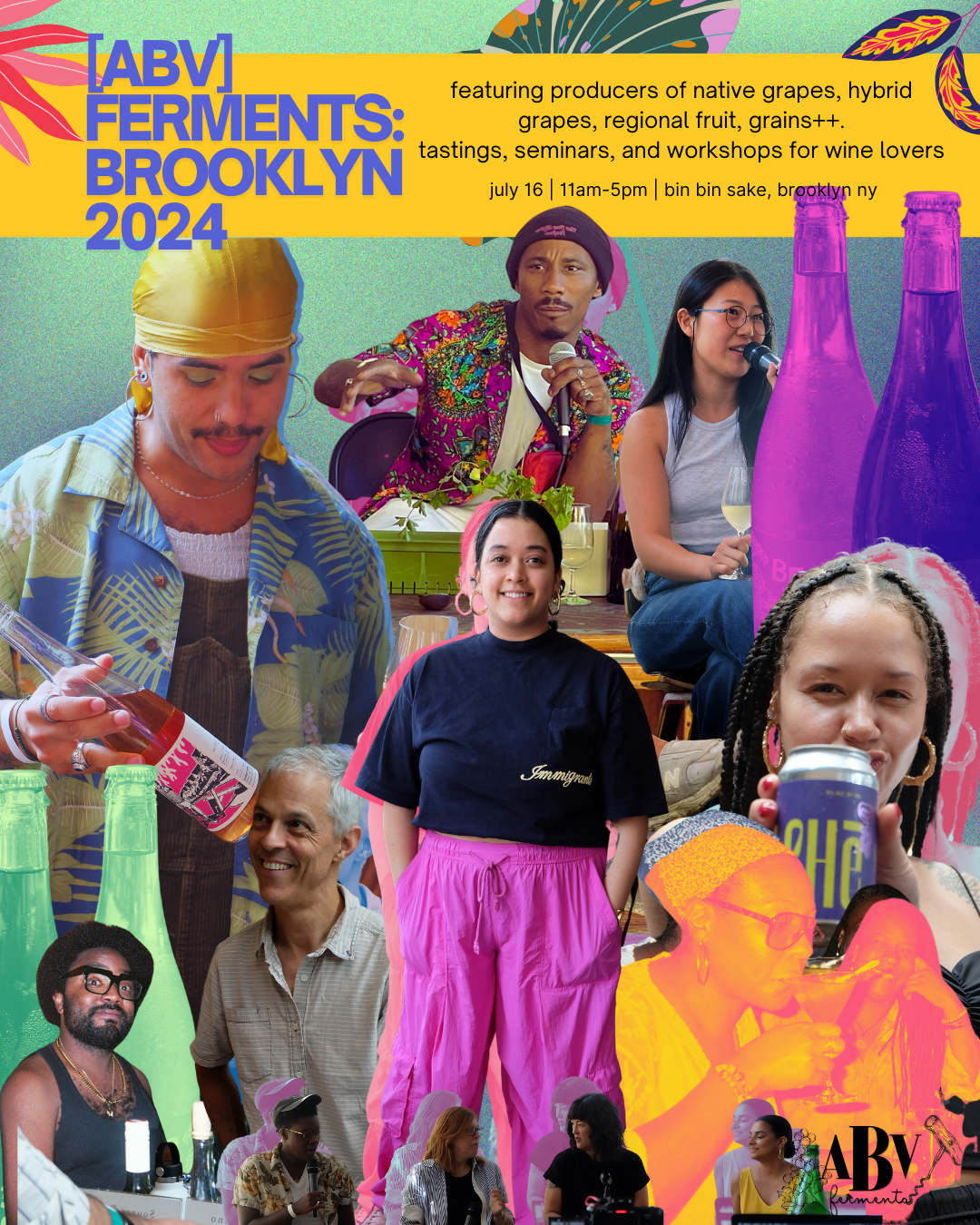 Event poster for ABV Ferments Brooklyn 2024, featuring diverse people at a fermentation and wine tasting event, with vibrant colors and bottles.