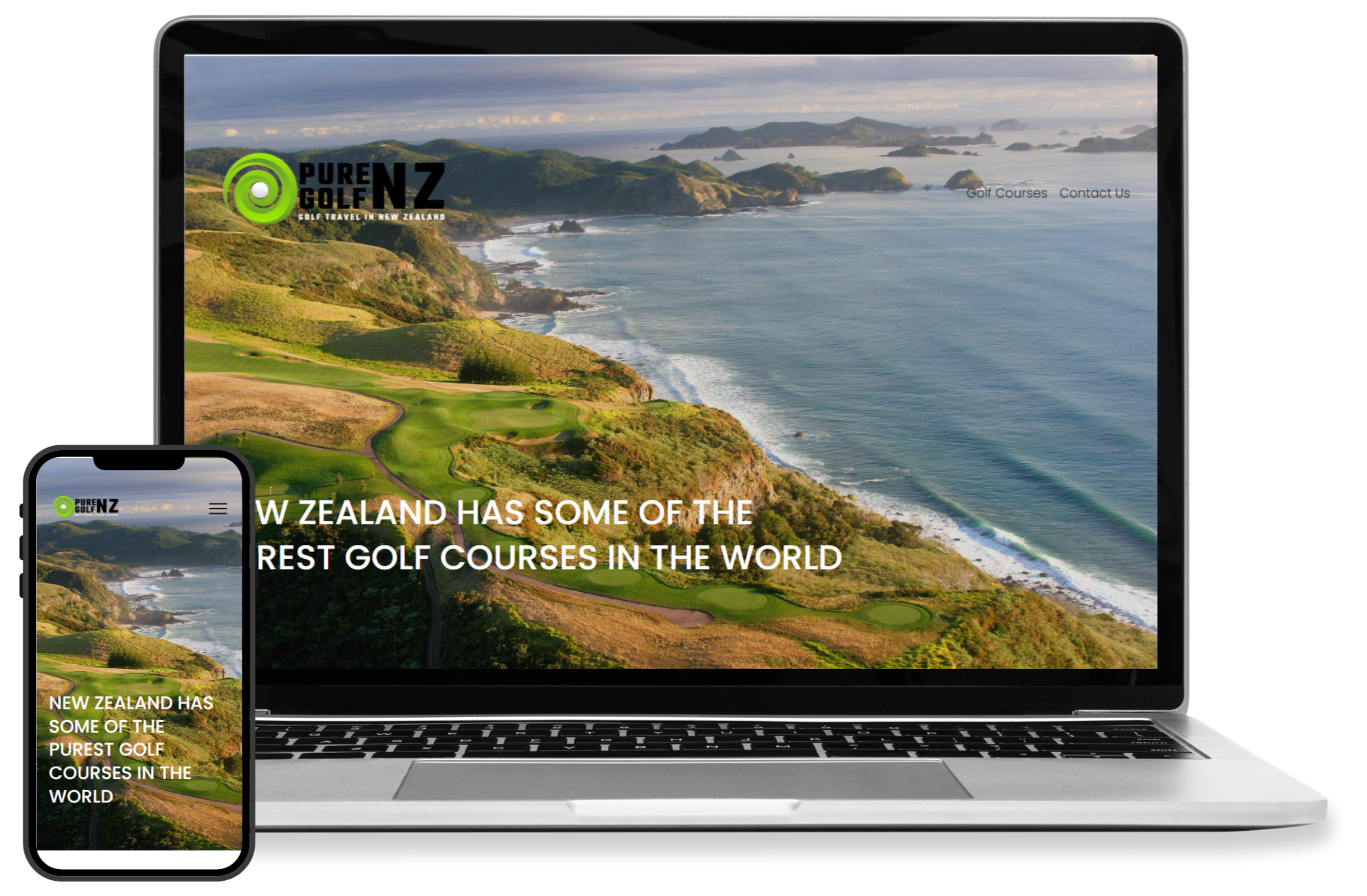 Laptop and smartphone displaying a website for Pure Golf NZ with a scenic coastal golf course in New Zealand in the background
