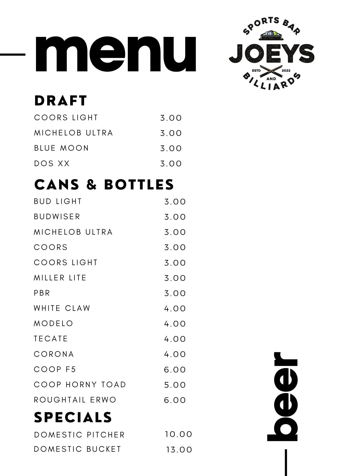 FOOD & DRINKS — Joeys Sports Bar & Billiards