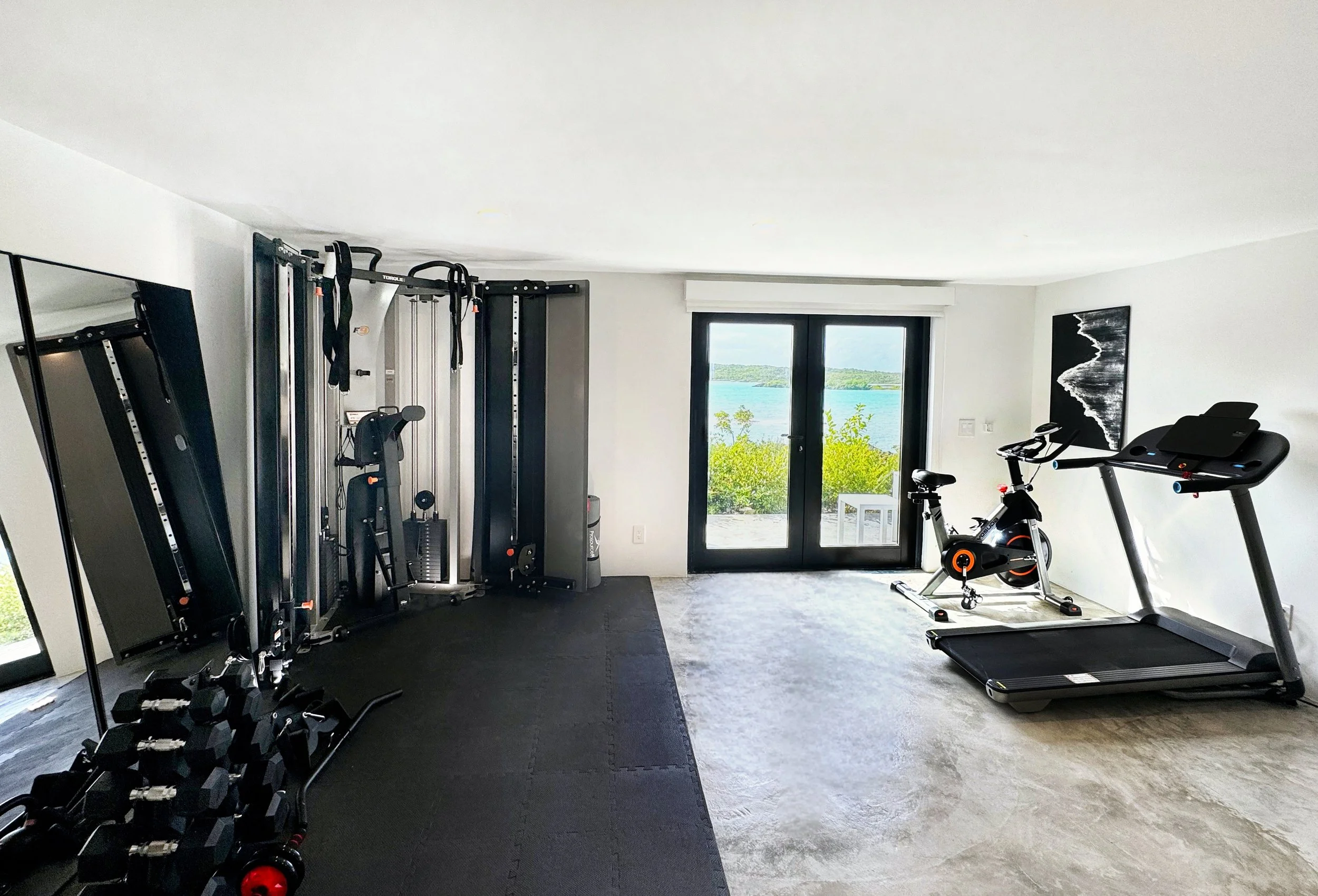 Home gym with black fitness equipment, including a treadmill, stationary bike, and weight machines, with a view of a lake through sliding glass doors.