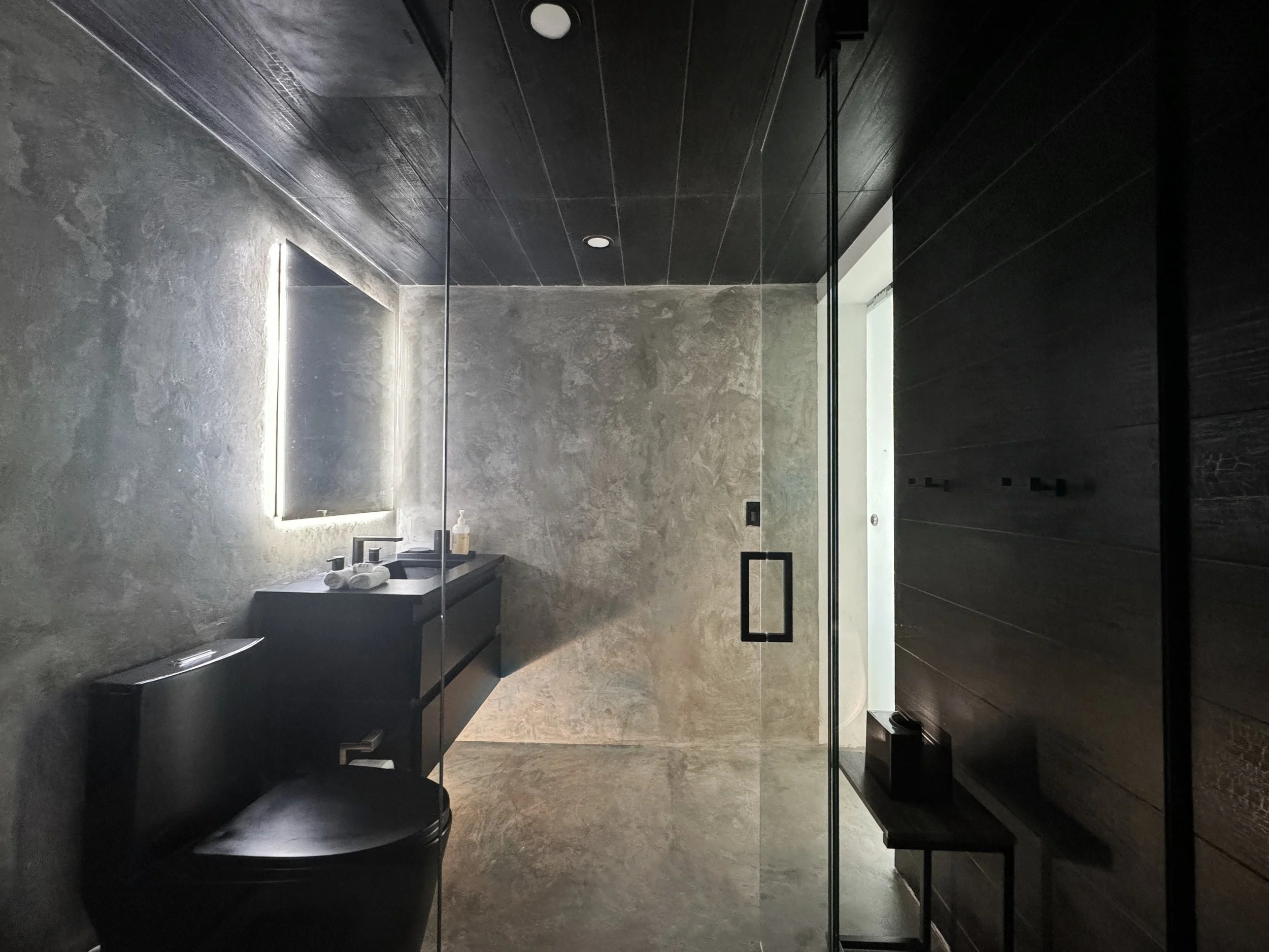 Modern bathroom with concrete walls and floor, black vanity with a mirror lit by LED lights, black toilet, glass shower door, and black accessories.
