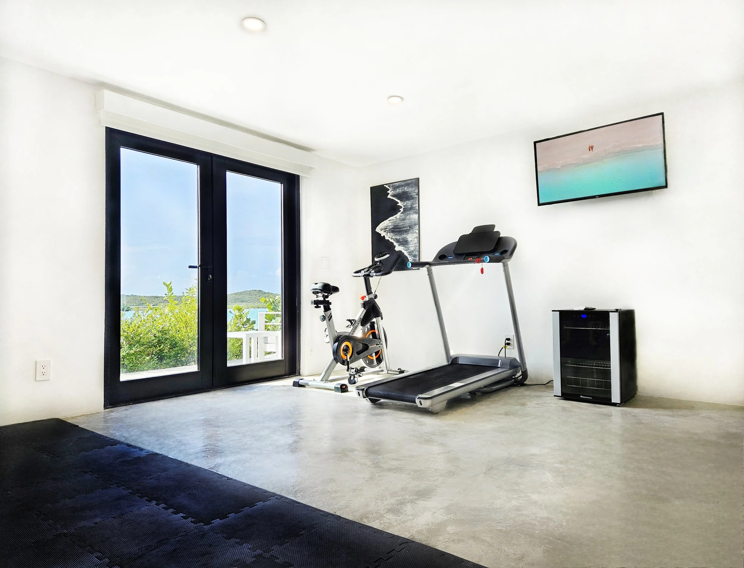 Home gym with treadmill, exercise bike, wall art, and a mini refrigerator near sliding glass door with outdoor view