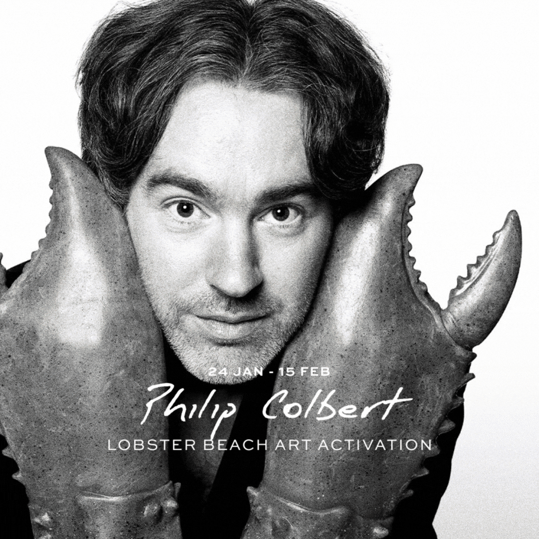 A moving image of Philip Colbert and his lobster sculptures