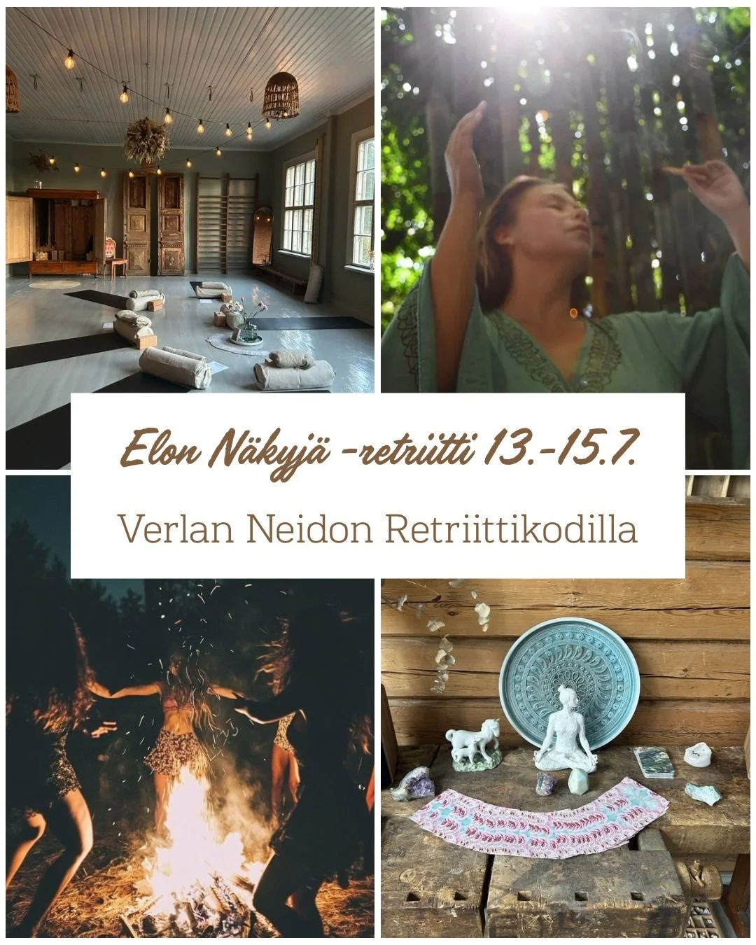 Kuvassa joogasali ja nuuotio sekä nainen kylpee valossa. Pöydällä joogakortteja ja patsas.