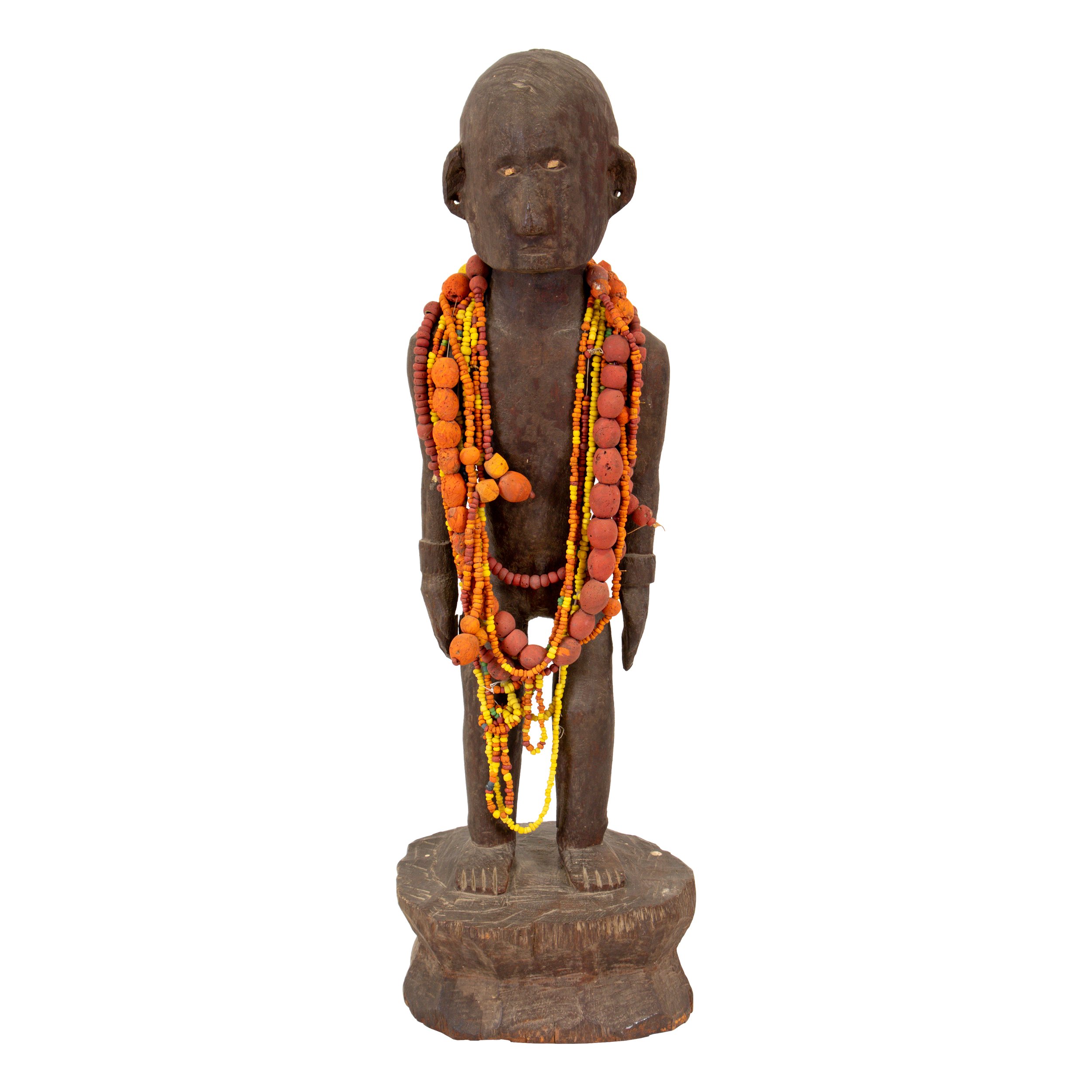 A large Kababuyan standing bulul adorned with colored clay and glass necklaces