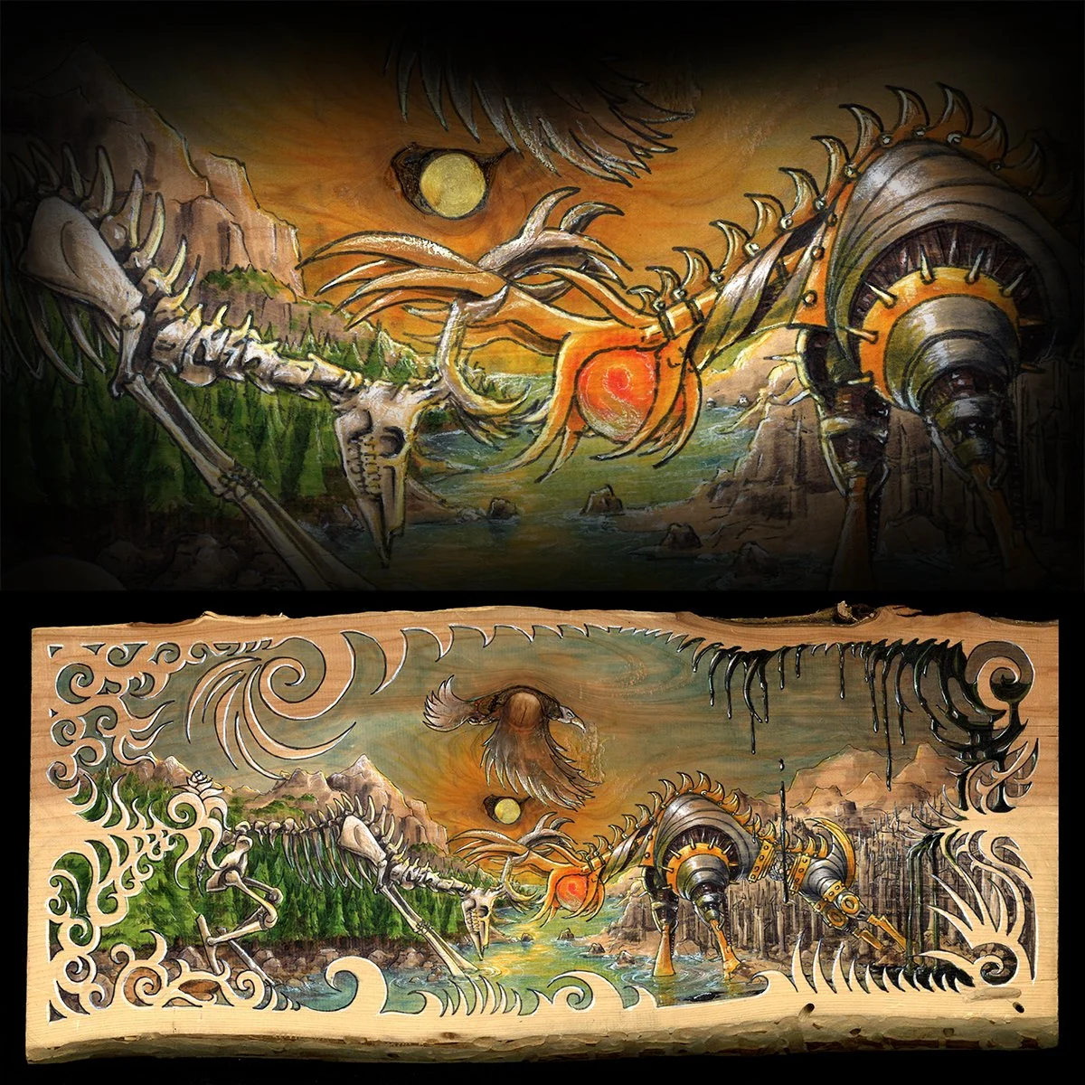 "Clash of the Artiodactyls"   16" x 8" Ink on Wood