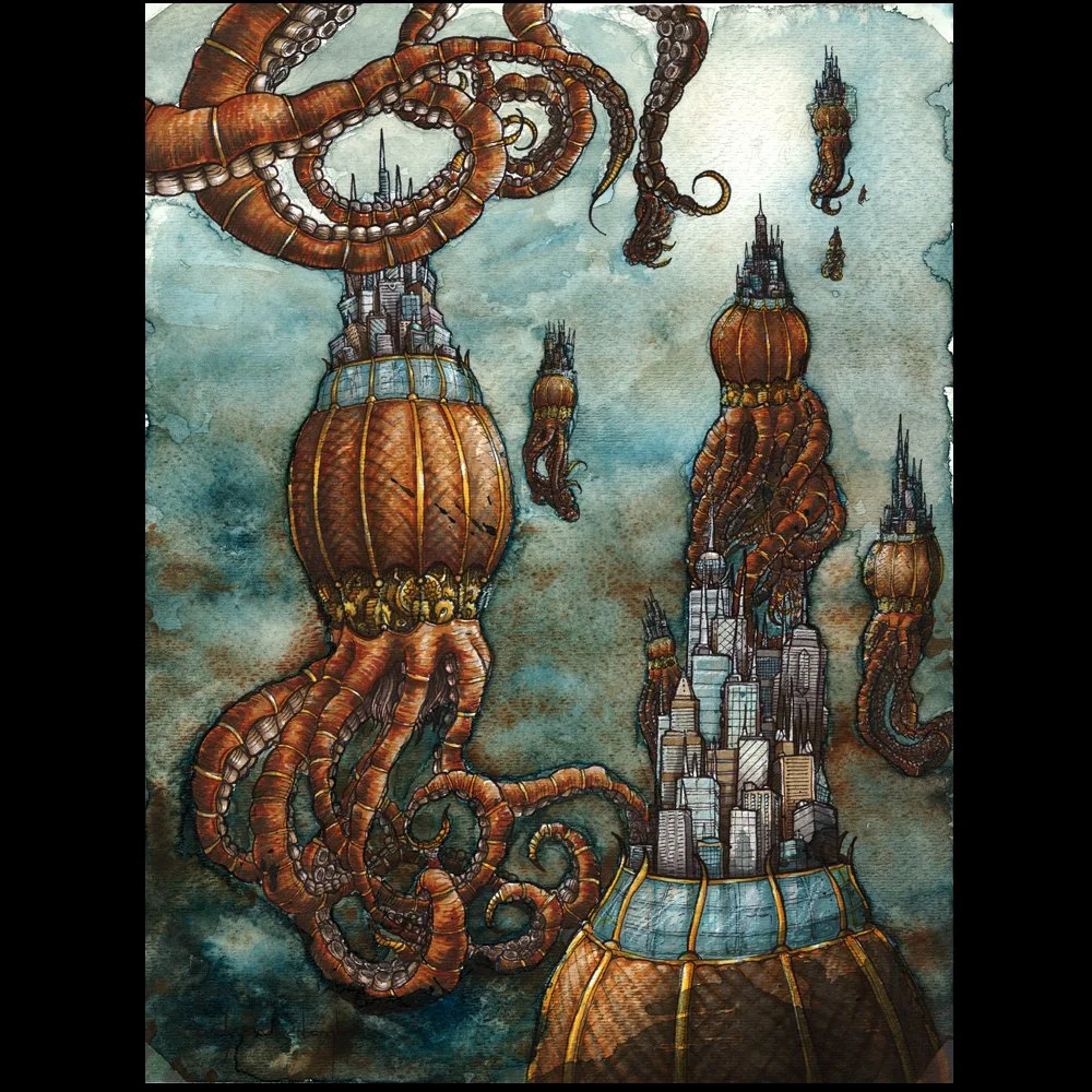 "Hydroctopolises"   9" x 12" Ink and Watercolor on Paper