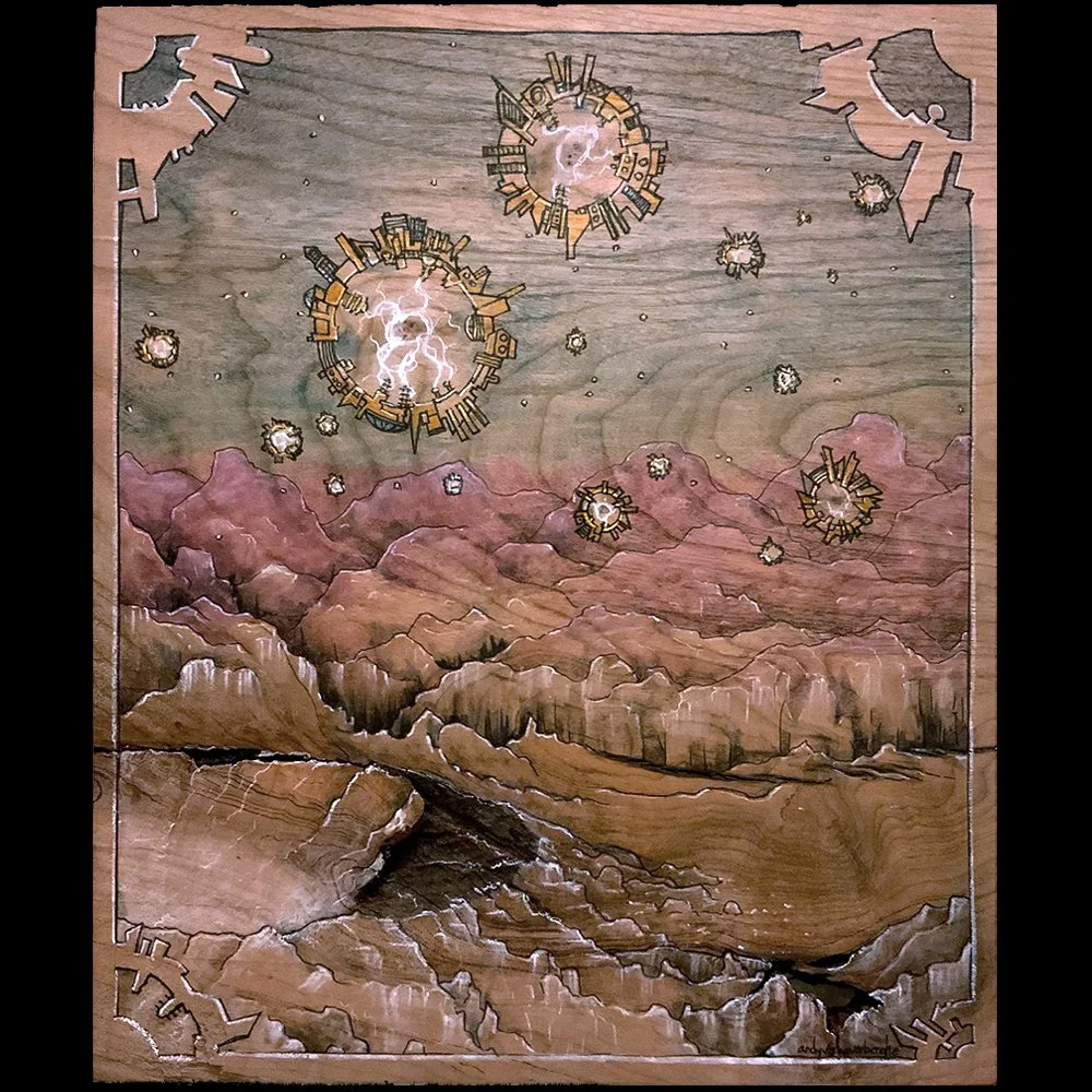 "Echo Collectors Embark"   10" x 12" Ink on Wood