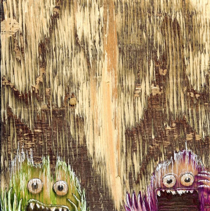 "Cuddly Creatures 2"   8" x 8" Ink on Wood