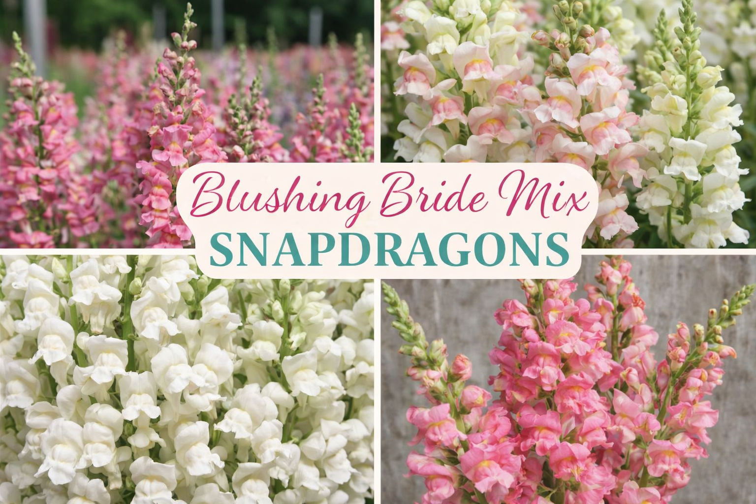 Blushing Bride Snapdragon Mix showing the pinks and the whites of the mix. Ranges of pinks and creams and whites on a spike stem.