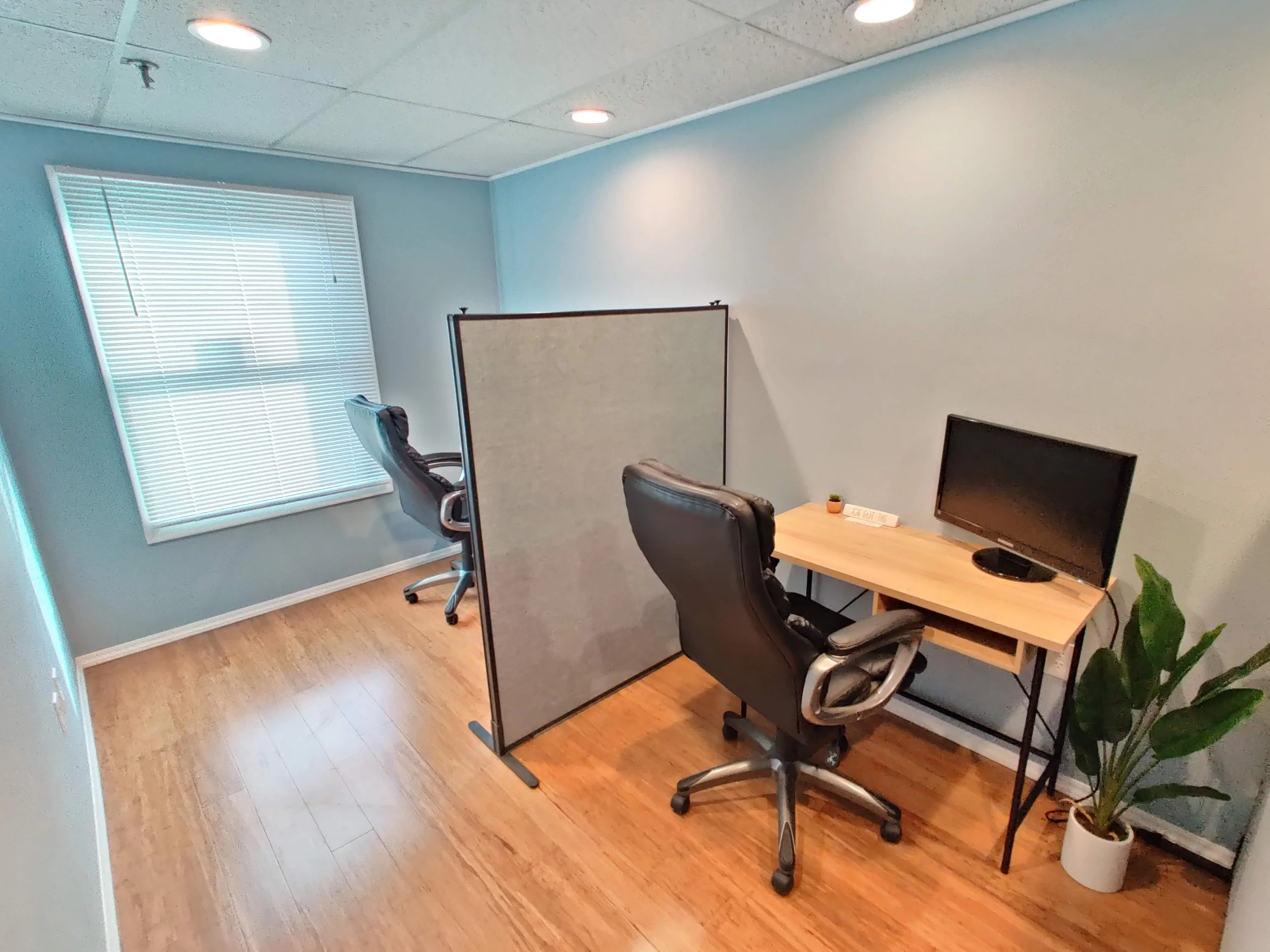 Relief Workrooms with blue walls, two desks, office chairs, monitors, and privacy divider