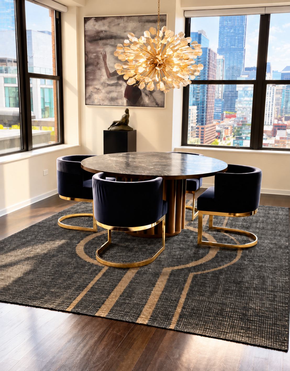 Gold petal chandelier centered over table.png