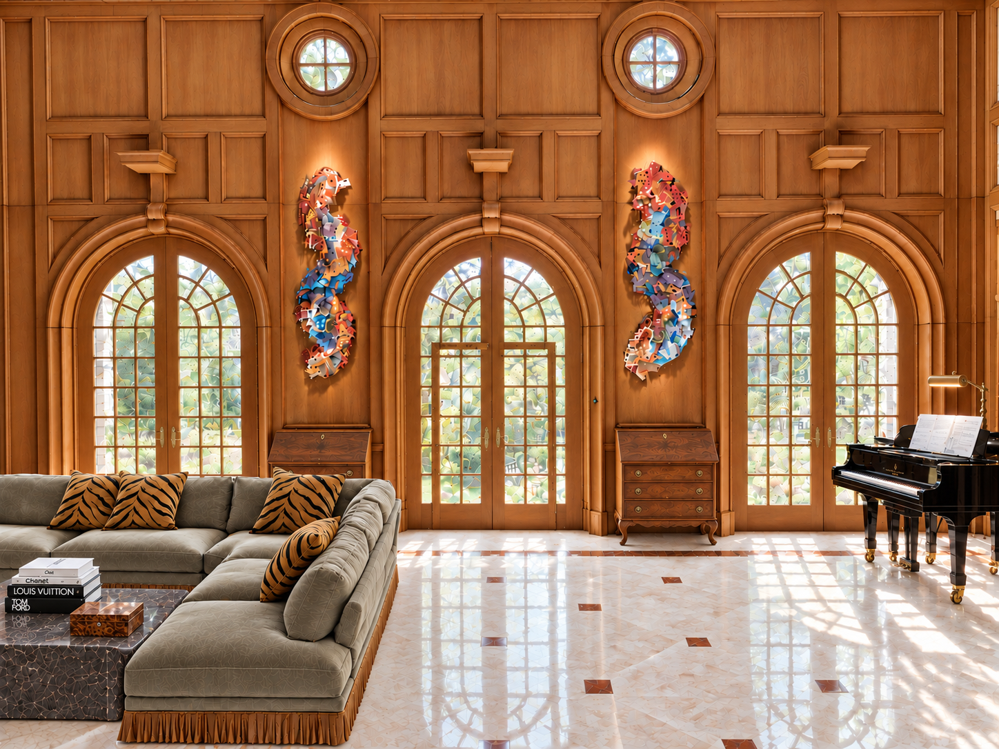 Elegant piano room with marble table.png