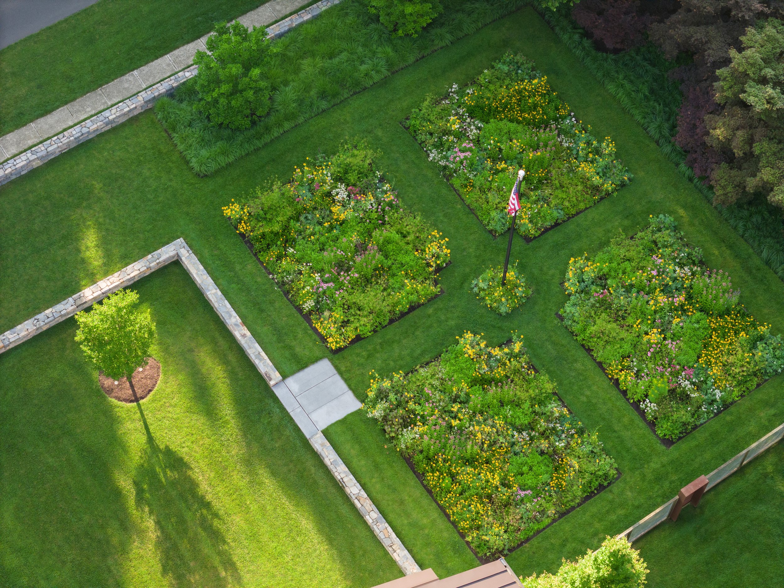 Aerial view of pollinator meadow and its geometric layout