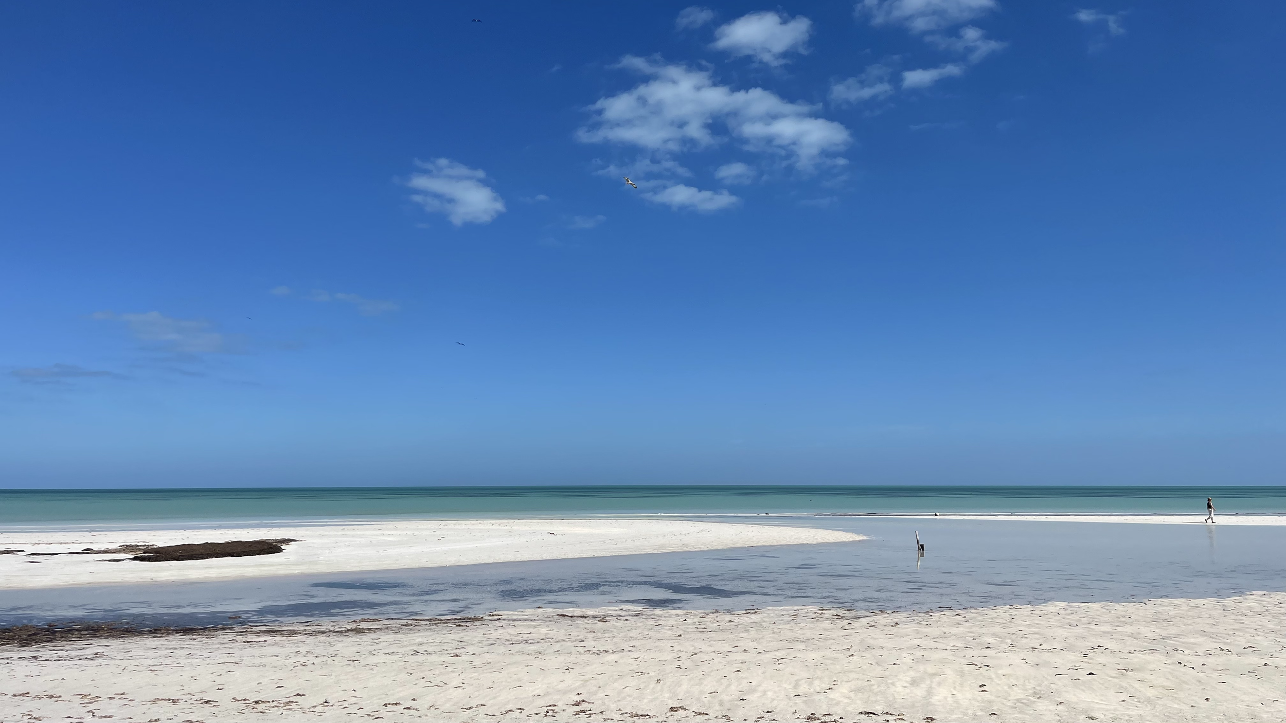 A serene beach scene with white sand, calm turquoise waters, a blue sky with a few clouds, and a person walking along the shoreline.