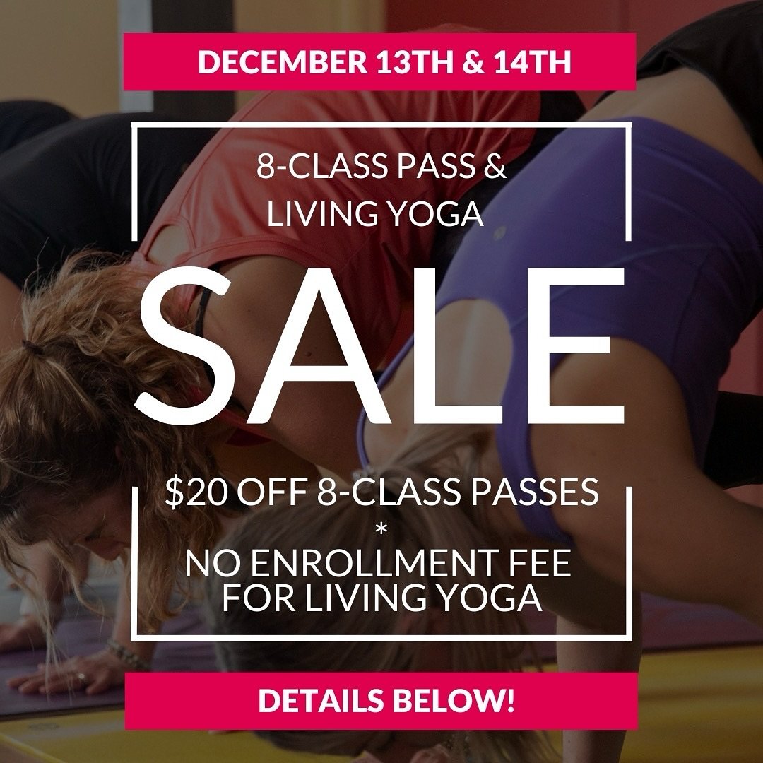 THE YOGA SALE STARTS TODAY! 🥳
⠀⠀⠀⠀⠀⠀⠀⠀⠀
You can purchase a membership or class passes either online (using the promo codes below) or in-store. 
⠀⠀⠀⠀⠀⠀⠀⠀⠀
🎉 8-CLASS PASS SALE
- Get $20 off 8-class passes.
- Limit TWO 8-class passes per profile.
- 8-
