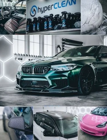 Collage of automotive images, including a luxury sports car in a showroom, a BMW with a green exterior, a pink sports car, interior shots of a car dashboard and seat, and bottles of HyperCLEAN car cleaning product.
