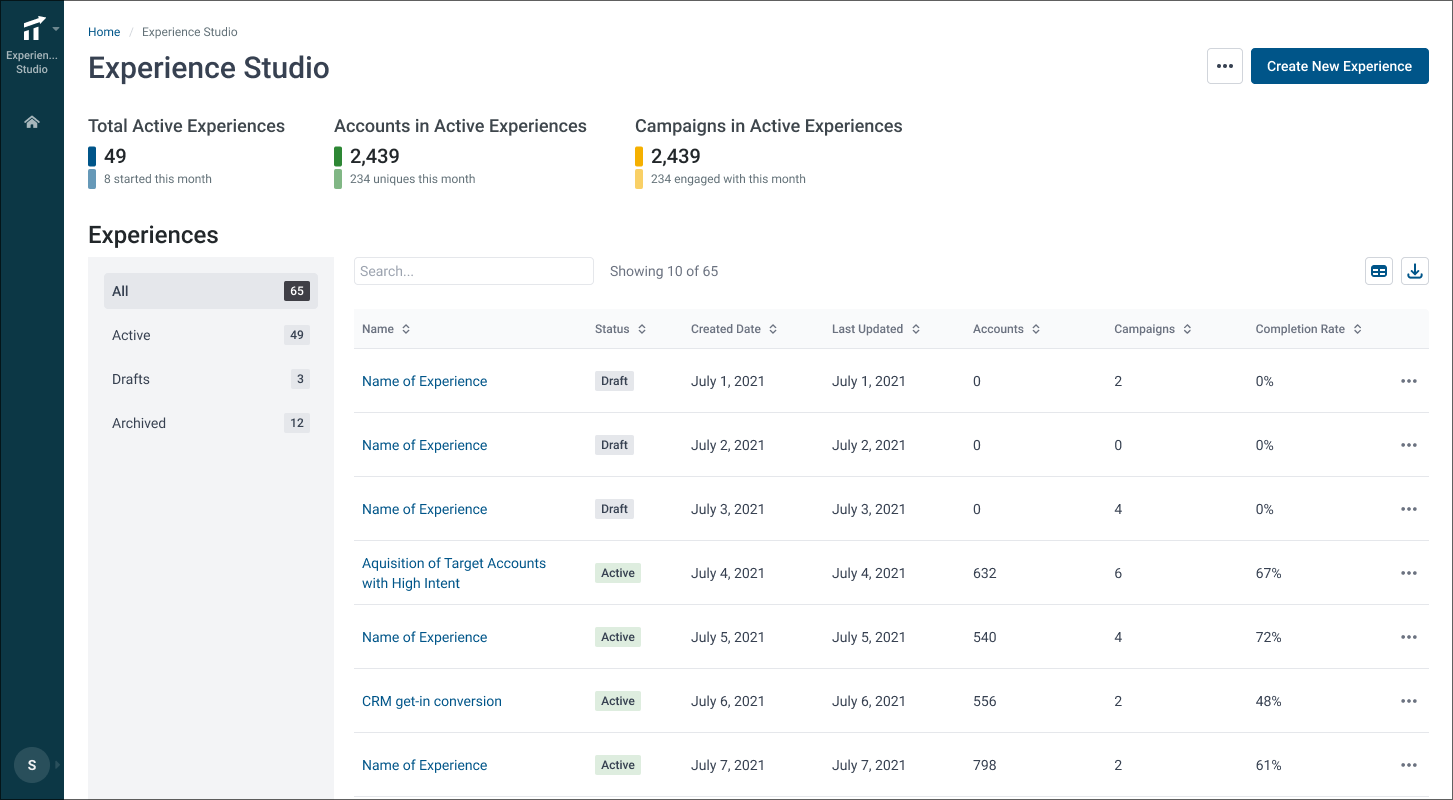 Experience Studio landing page