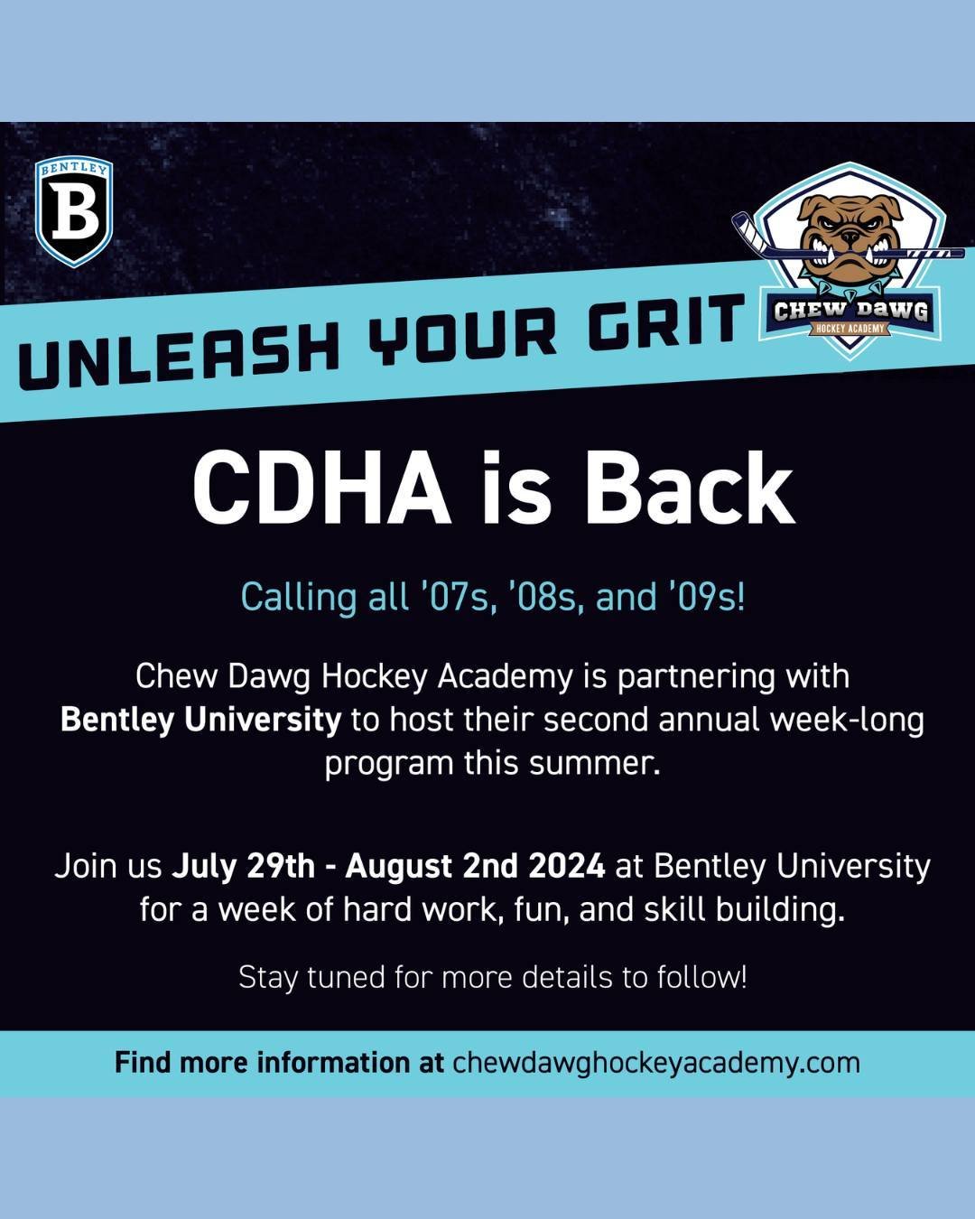 #AMPclient @ChewDawgHockeyAcademy is back!🏒
ㅤ
They are calling all '07, '08 and '09 hockey players for a great week of skill-building, teamwork, and fun @bentleyuniversity
ㅤ
Don't miss out! 🥅🥳
ㅤ
Want to learn more follow @chewdawghockeyacademy