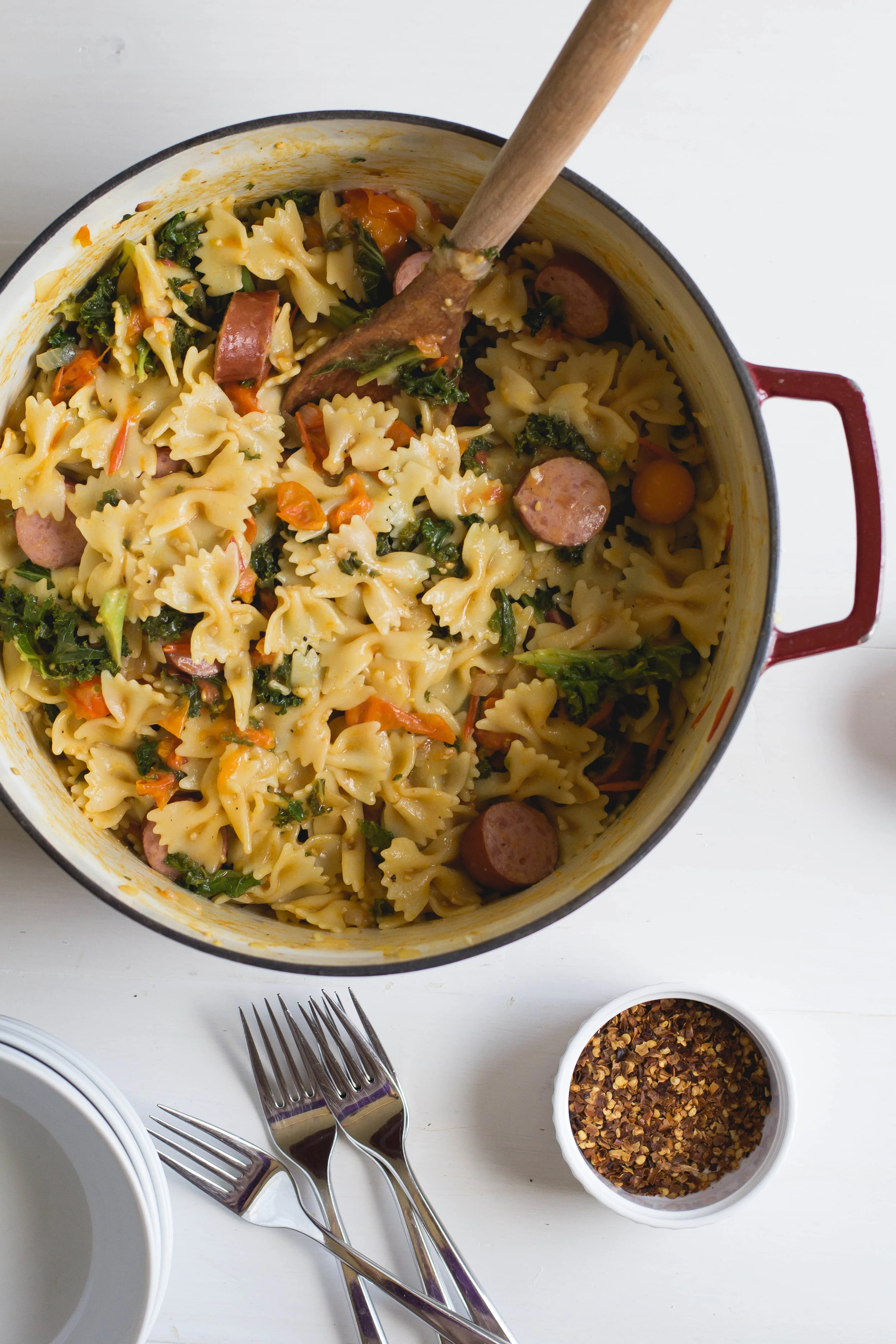 Pasta with Smoked Sausage, Cherry Tomatoes + Kale — Sarah J. Hauser