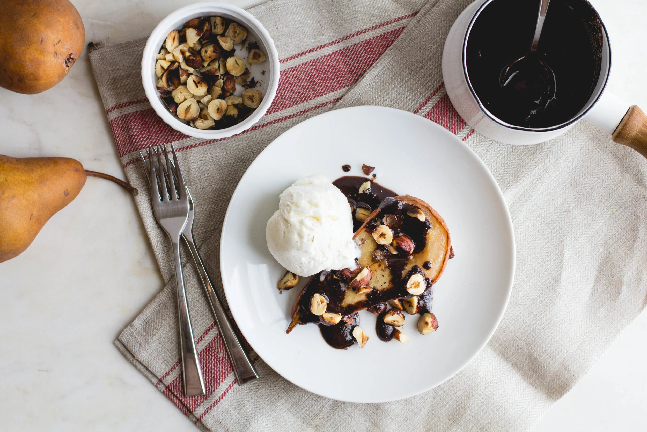 Roasted Pears with Buttery Chocolate Sauce + Smoked Sea Salt