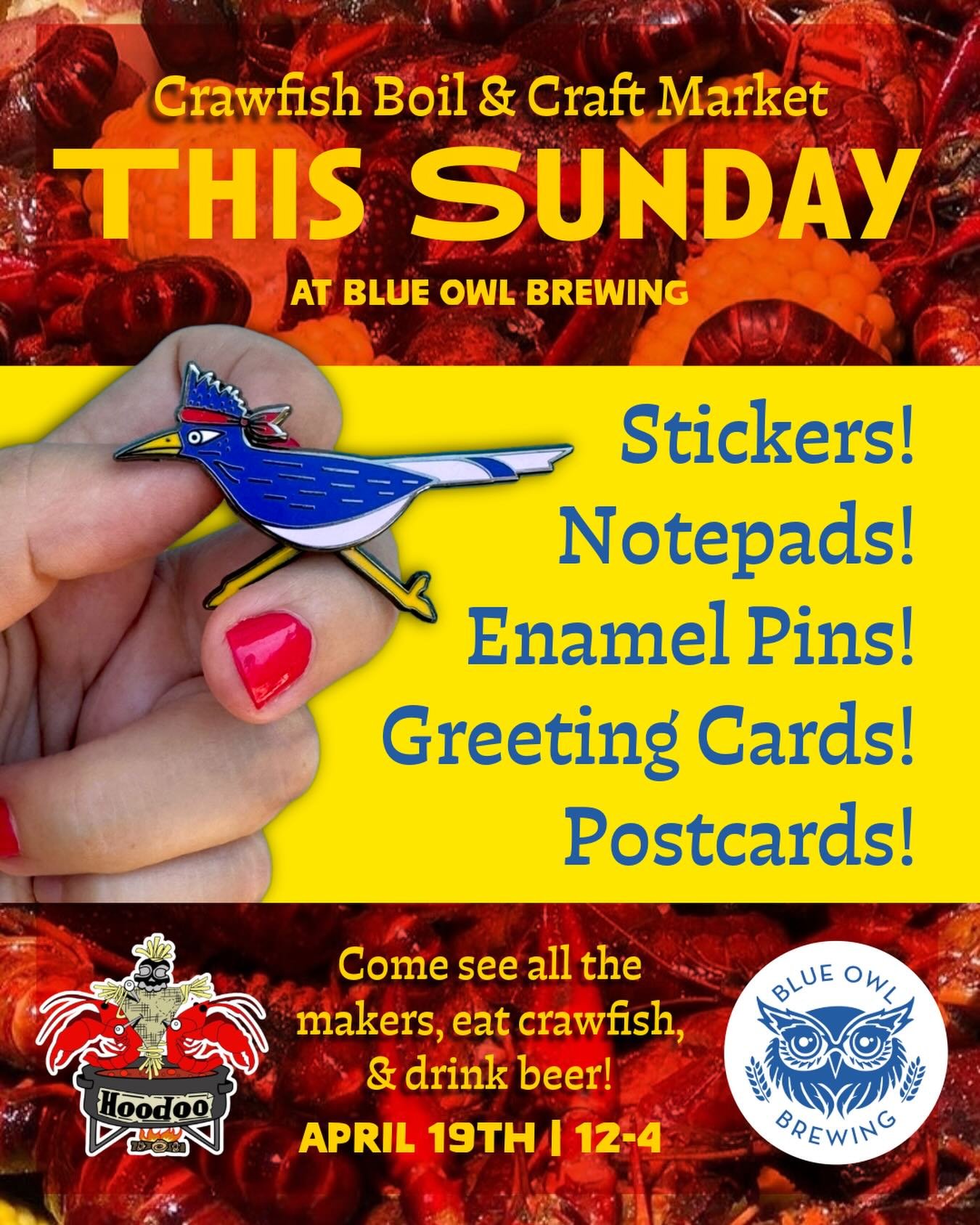 I&rsquo;m super excited about this one! Come for the crawfish and beer at one of my absolute fave Austin breweries, stay for the crafts. I&rsquo;ll be there from 12-4 with 👇

@blueowlbrewing 
@hoodoocrawfish
@freddie.crocheron 
@recoveringlazyholic
