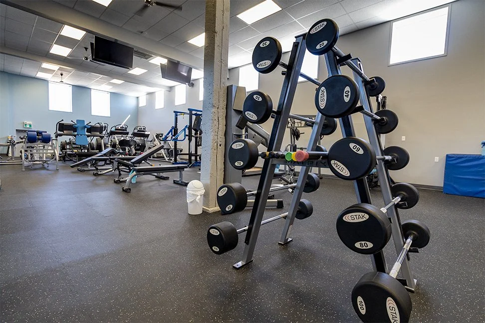 Interior of a gym with various workout equipment, including a rack of weight plates and a bench press station.