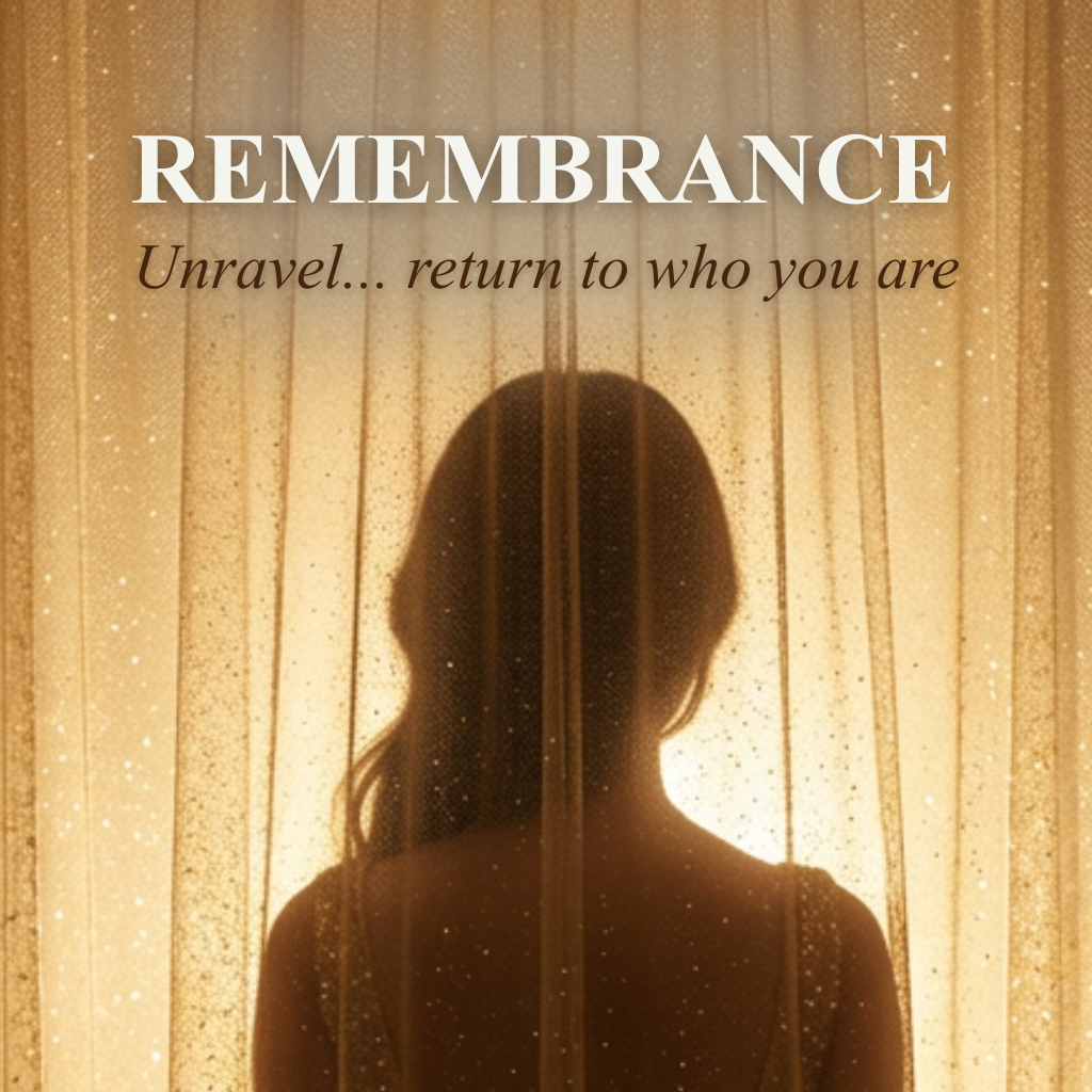 a woman's silhouette behind a golden curtain denoting a remembrance of who she really is, her true nature that is veiled