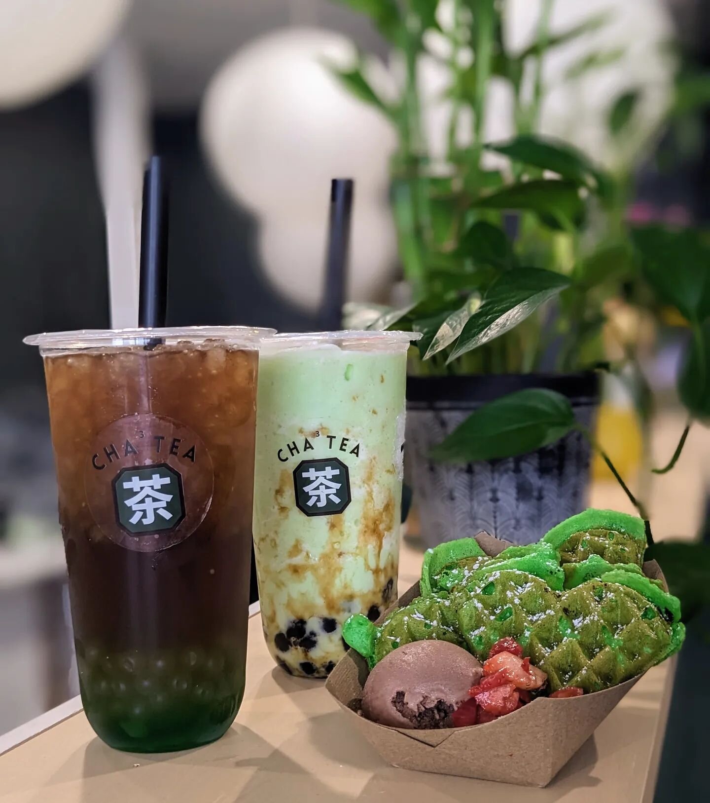 Happy St. Paddy's Day! ☘️💚
Come stop by to pick up a green treat! 

Pictured here is ..
- Green Apple Tea with Green Apple Boba 
- Honeydew Smoothie with Brown Sugar Boba 
- Pandan Waffle with a scoop of Chocolate Ice cream

#chachachatea #cha3tea #