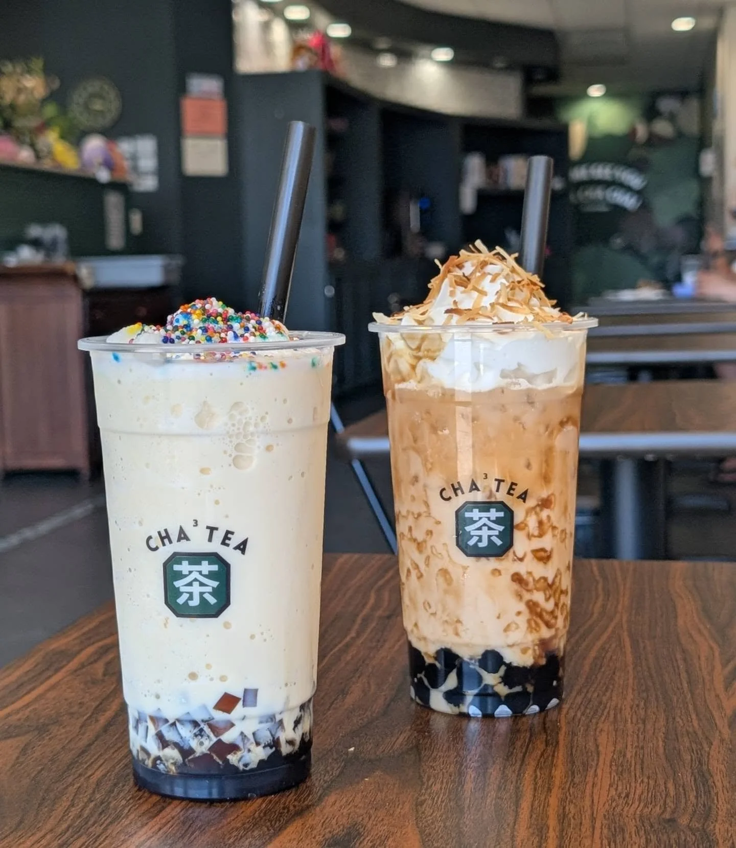 Cheer yourself up with one of our monthly specials! 

The 9 to 5: 
Birthday Cake smoothie with coffee jelly and rainbow sprinkles! 

The Double Feature: 
A coconut black tea topped with whipped cream and toasted coconut. The sinker is brown sugar bob