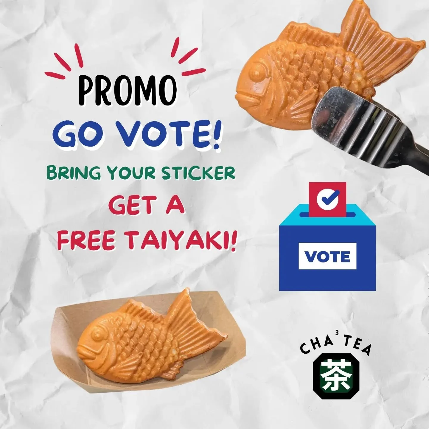 Today is the first day of early voting! 

To encourage everyone to do their civic duty and get out there to the polls, we will be offering (1) FREE taiyaki for showing us your voting sticker! 
We will be running this promotion until October 24th! 

?