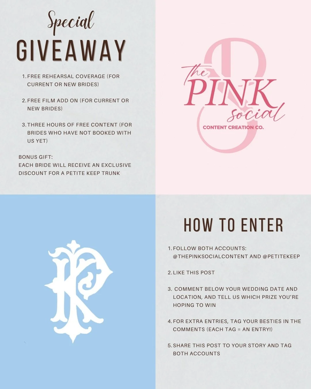 ✨ GIVEAWAY TIME ✨

Brides, this one is for YOU 🤍 We&rsquo;ve teamed up with @petitekeep to offer a giveaway to THREE different brides! 

Here&rsquo;s what you could win:
1. FREE rehearsal dinner coverage (for current or new brides)
2. FREE film add-