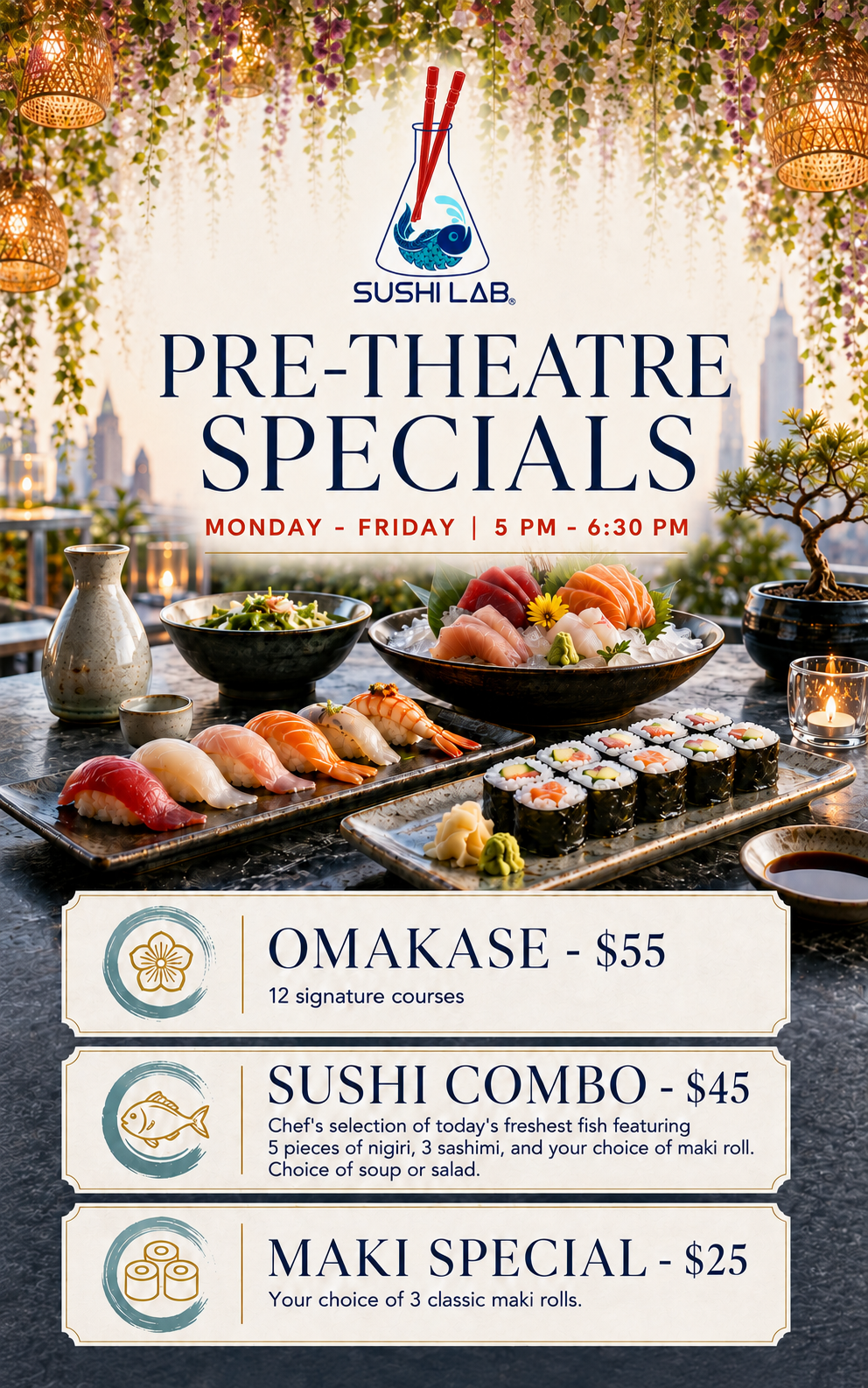 Signboard for Sushi Lab pre-theatre specials featuring a display of assorted sushi, sashimi, maki rolls, and Japanese dishes, with background of city skyline and hanging lanterns.