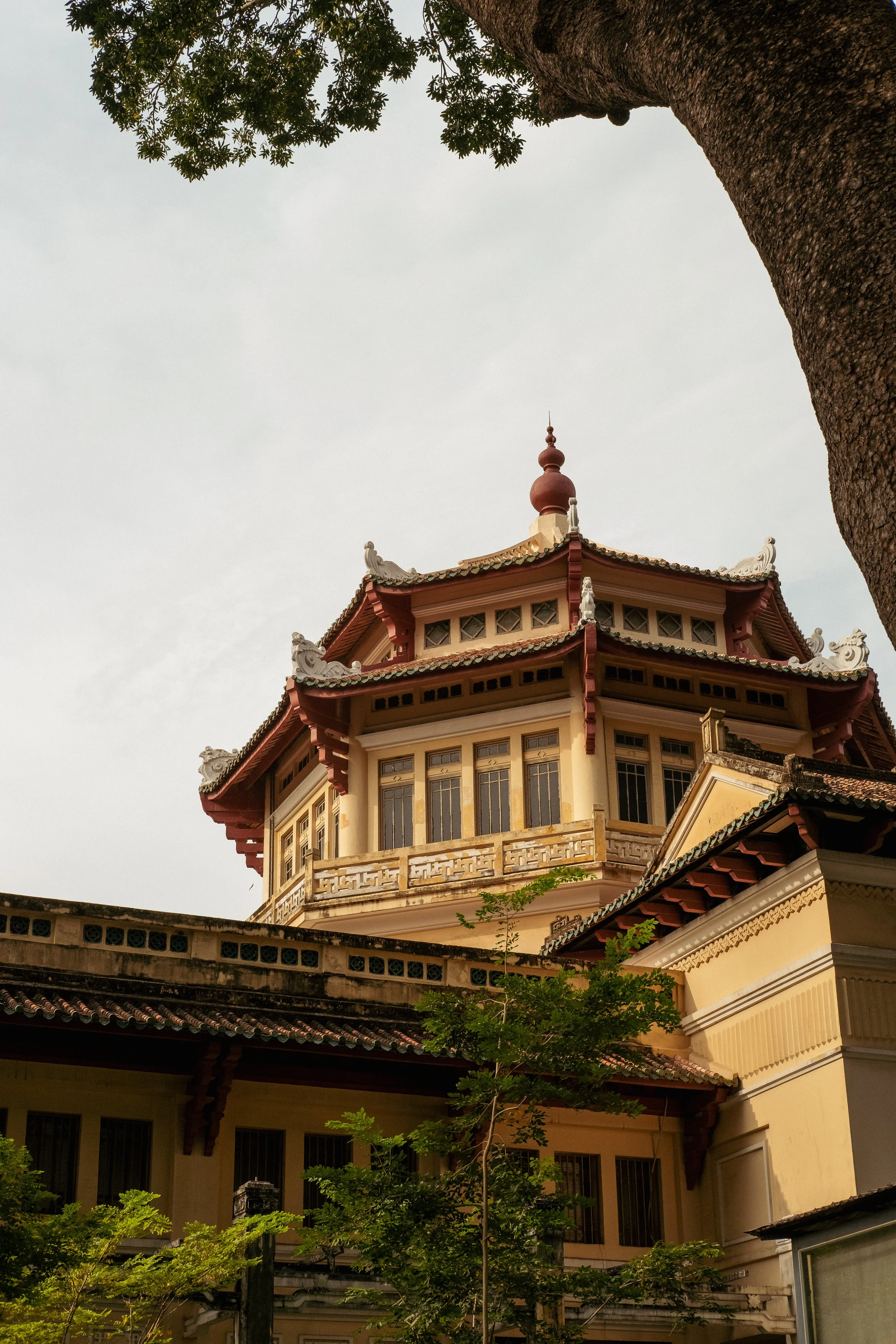 An ornate multi-story building with traditional Asian architectural elements, including curved rooflines and decorative details, is framed by a large tree at the corner of the image, with greenery in the foreground.