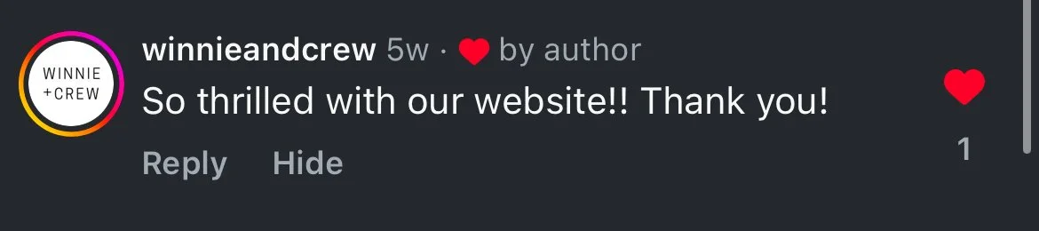 Instagram comment from user 'winnieandcrew' praising the website, with a red heart emoji, and a reply, hide, and like icon.