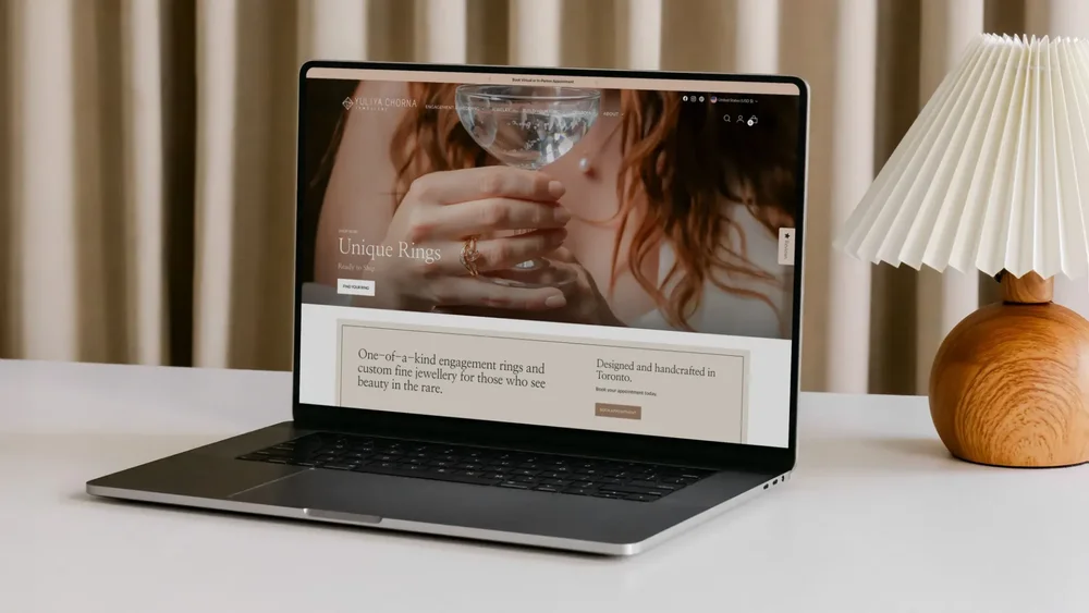 Yuliya Chorna Jewellery Shopify website on a laptop, designed by WildHive Studio in one week