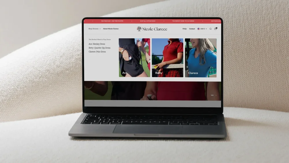 Nicole Clarece Shopify website on a laptop, designed by WildHive Studio in one week