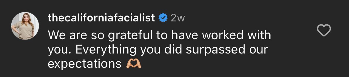 Text message from user saying: 'We are so grateful to have worked with you. Everything you did surpassed our expectations' and a profile picture of a woman with long hair smiling, next to a verified badge.