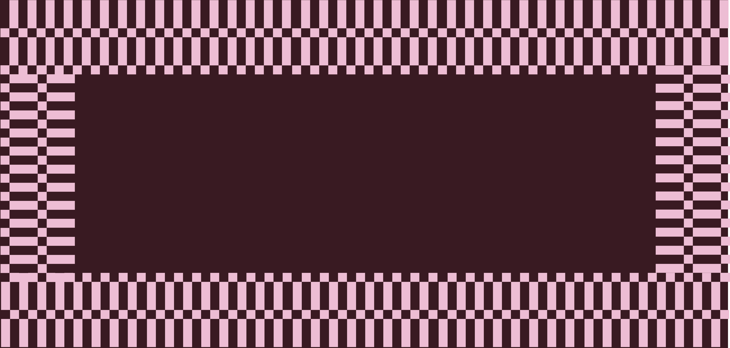 Pattern of pink and black checkered and striped border surrounding a solid dark maroon interior.