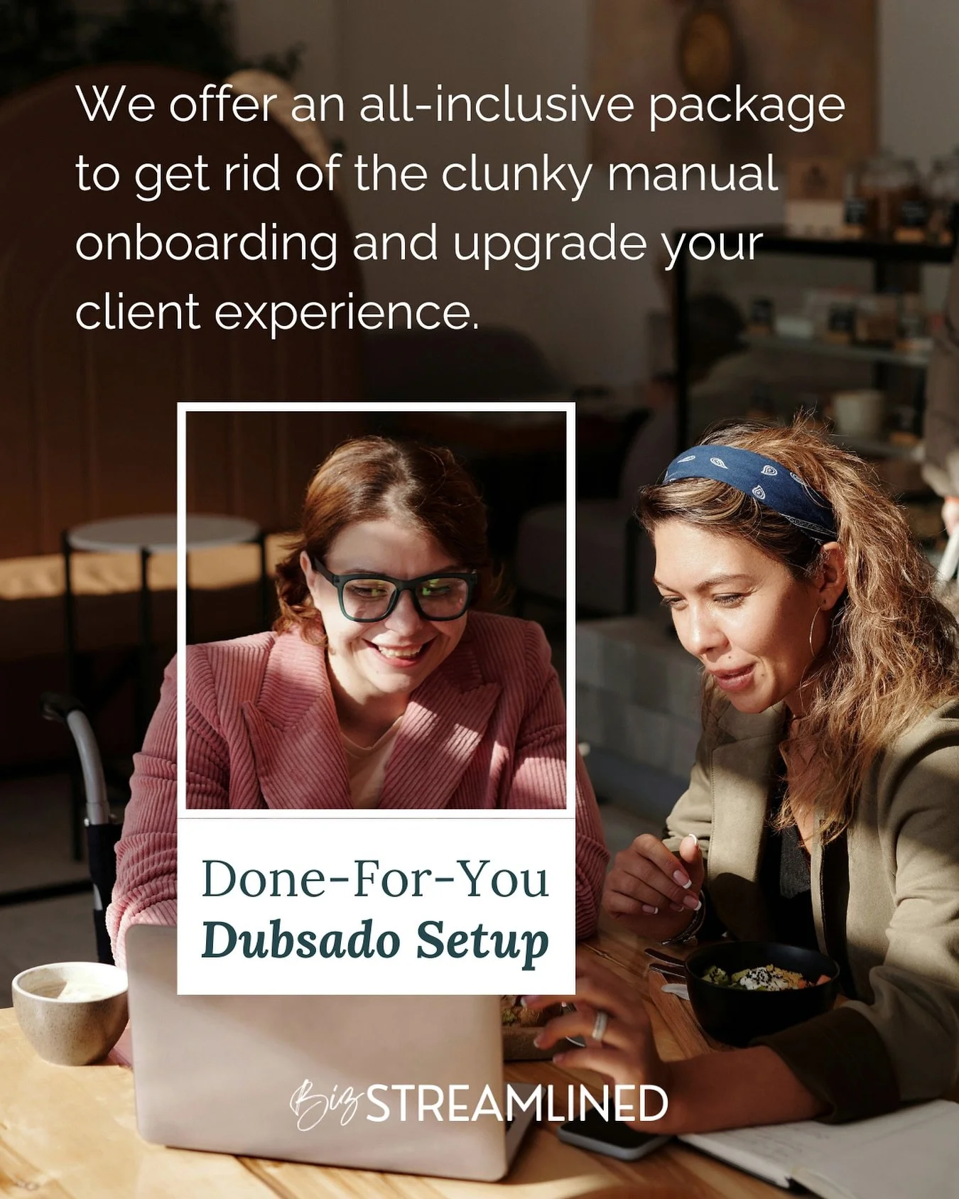 No more clunky onboarding or manual workflows 👋

We offer an all-inclusive Done-For-You @dubsado Setup package that helps you upgrade your client experience from chaotic to seamless. It&rsquo;s time to invest in a Dubsado setup that keeps clients co