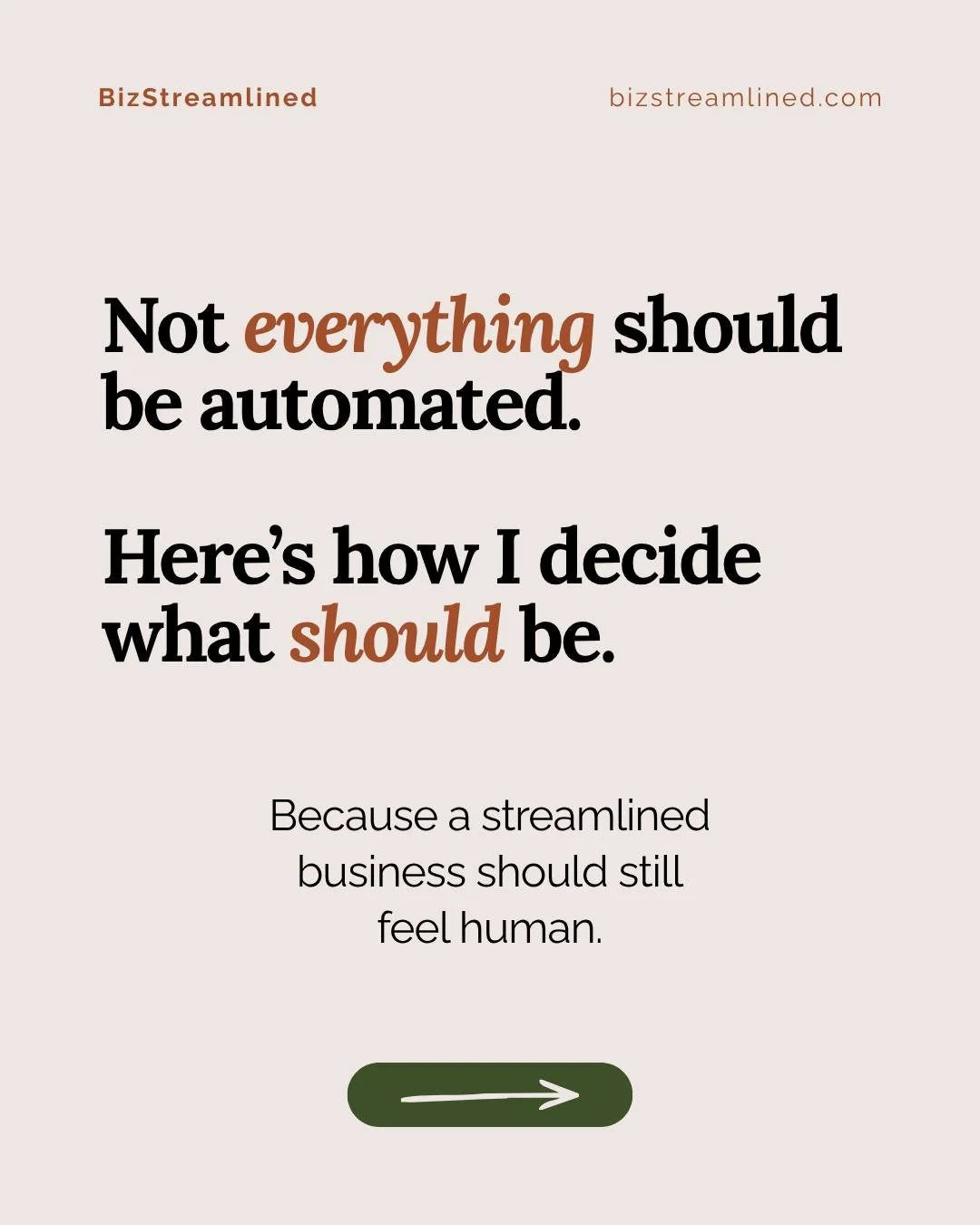 Not everything should be automated. Here&rsquo;s how I decide what should be.

Automation can take a lot off your plate, but that doesn&rsquo;t mean every part of your client experience needs it.

The goal is to be intentional about where automation 