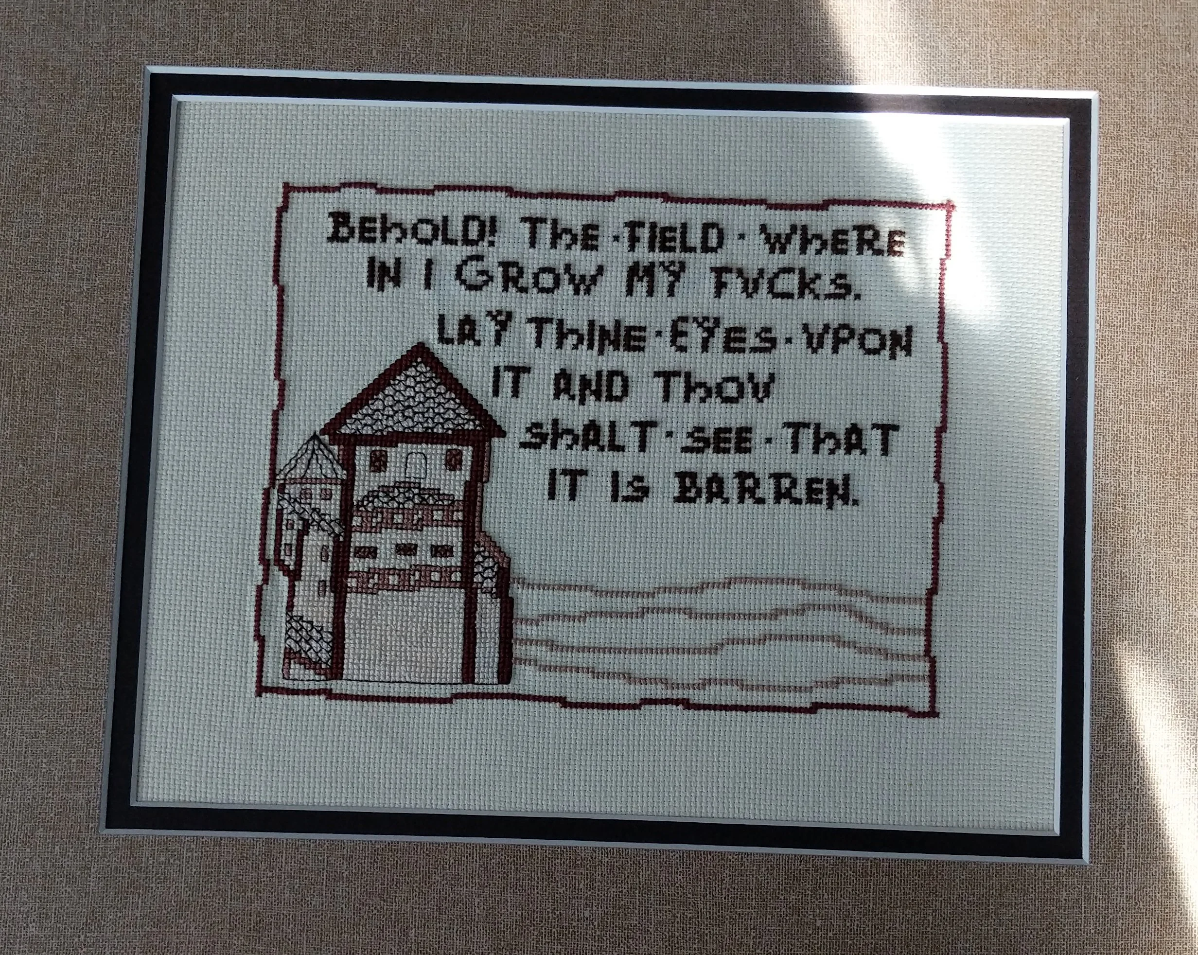 Cross-stitched quote using pattern from Crickett's House