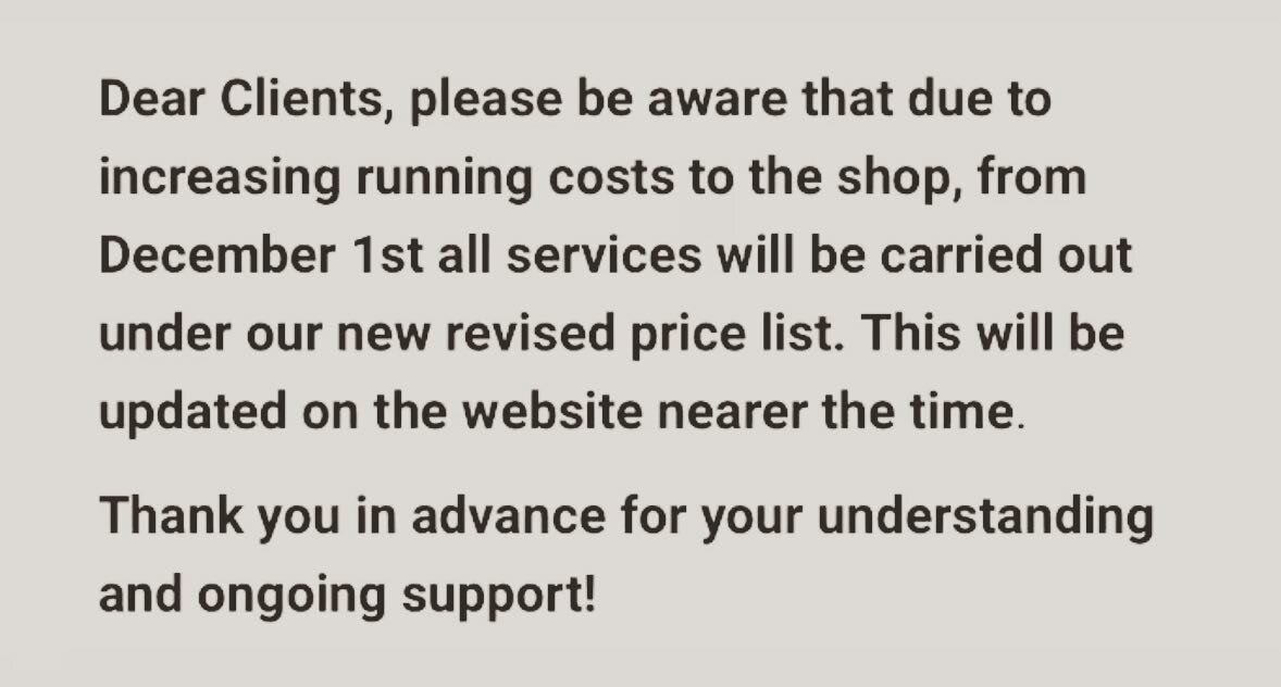 P L E A S E .  R E A D

In case you missed it on our website or story!

As of December 1st our service list will be under a new revised pricing. We have tried to keep our prices the same for as long as we can for you guys, and if we didn&rsquo;t have