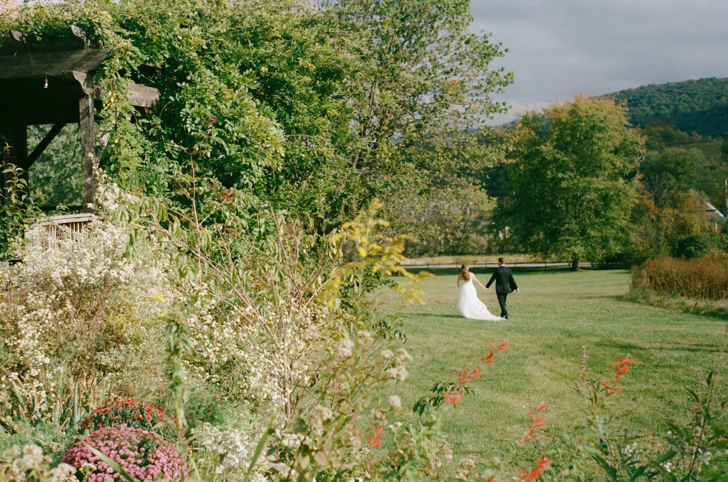 A bride and groom walking hand in hand in a grassy field surrounded by trees and flowers, with mountains in the background.